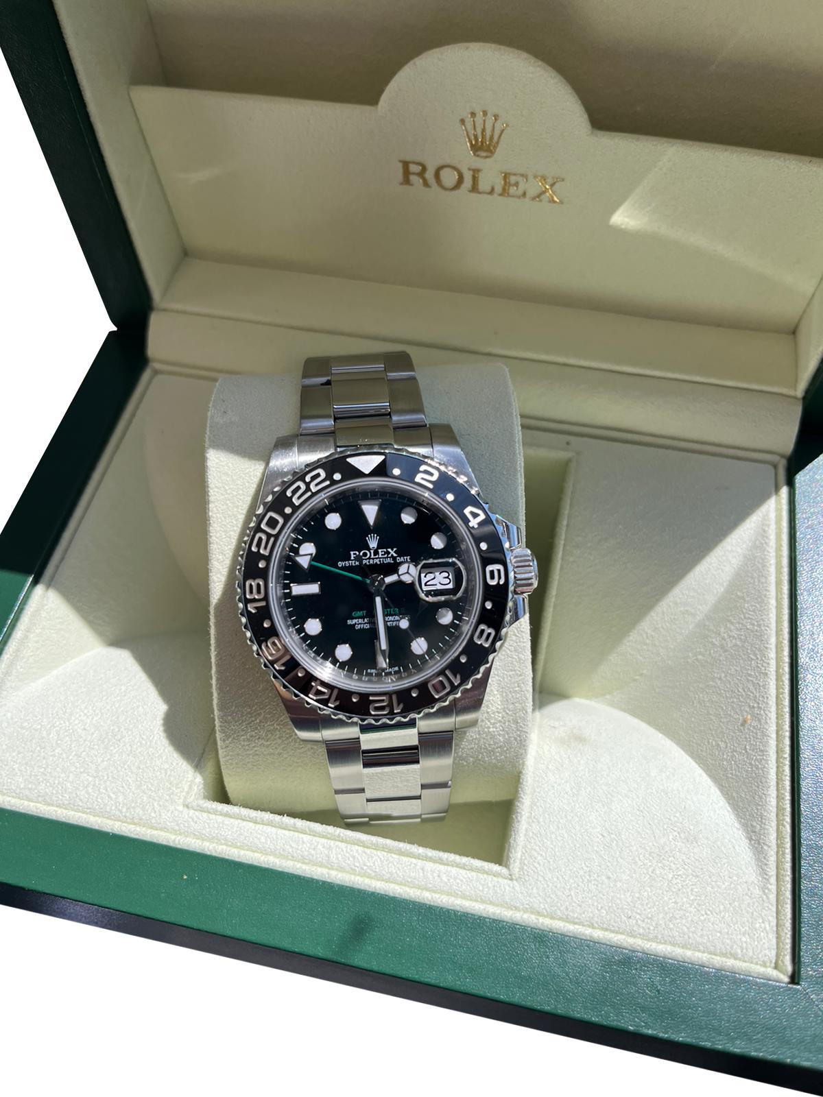 Rolex GMT-Master II 40mm GMT Date Black Dial Stainless Steel Date Watch 116710LN In Good Condition In Aventura, FL