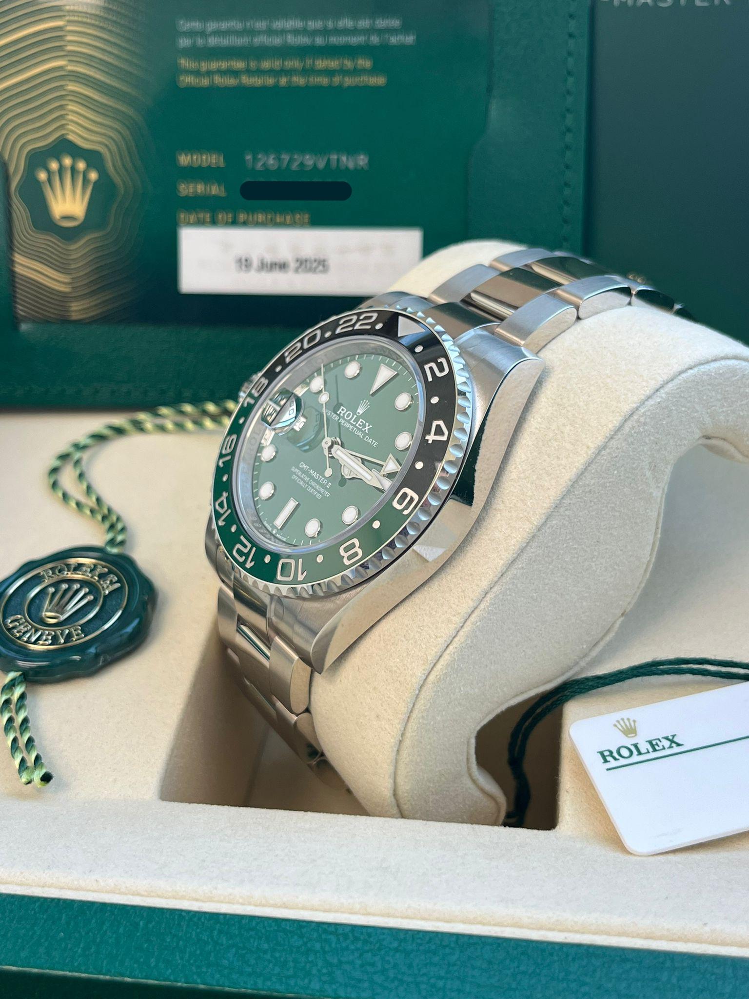 Rolex GMT-Master II 40mm Green Dial White Gold Oyster Bracelet Watch 126729VTNR For Sale 9
