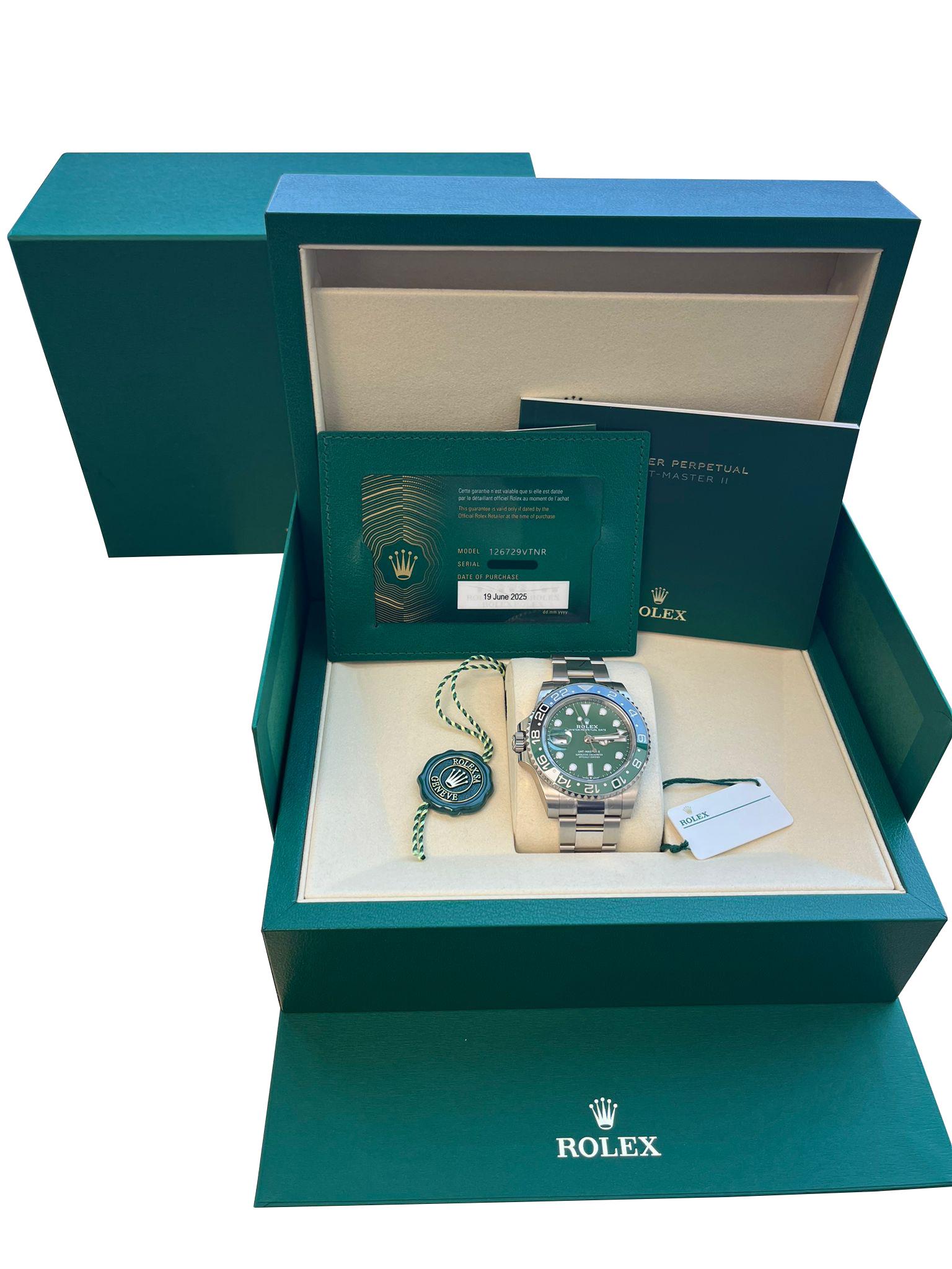 Modernist Rolex GMT-Master II 40mm Green Dial White Gold Oyster Bracelet Watch 126729VTNR For Sale