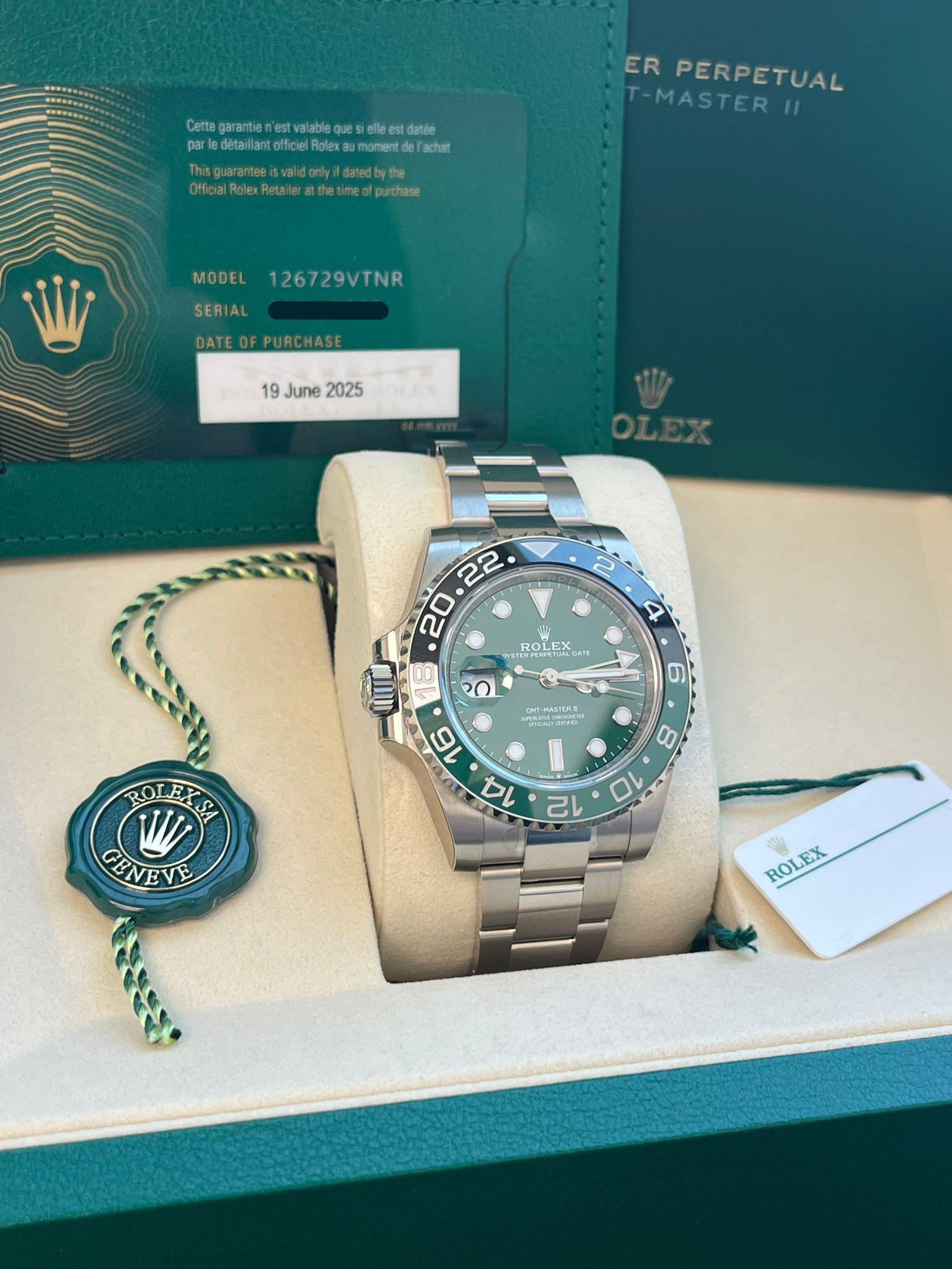 Rolex GMT-Master II 40mm Green Dial White Gold Oyster Bracelet Watch 126729VTNR For Sale 2