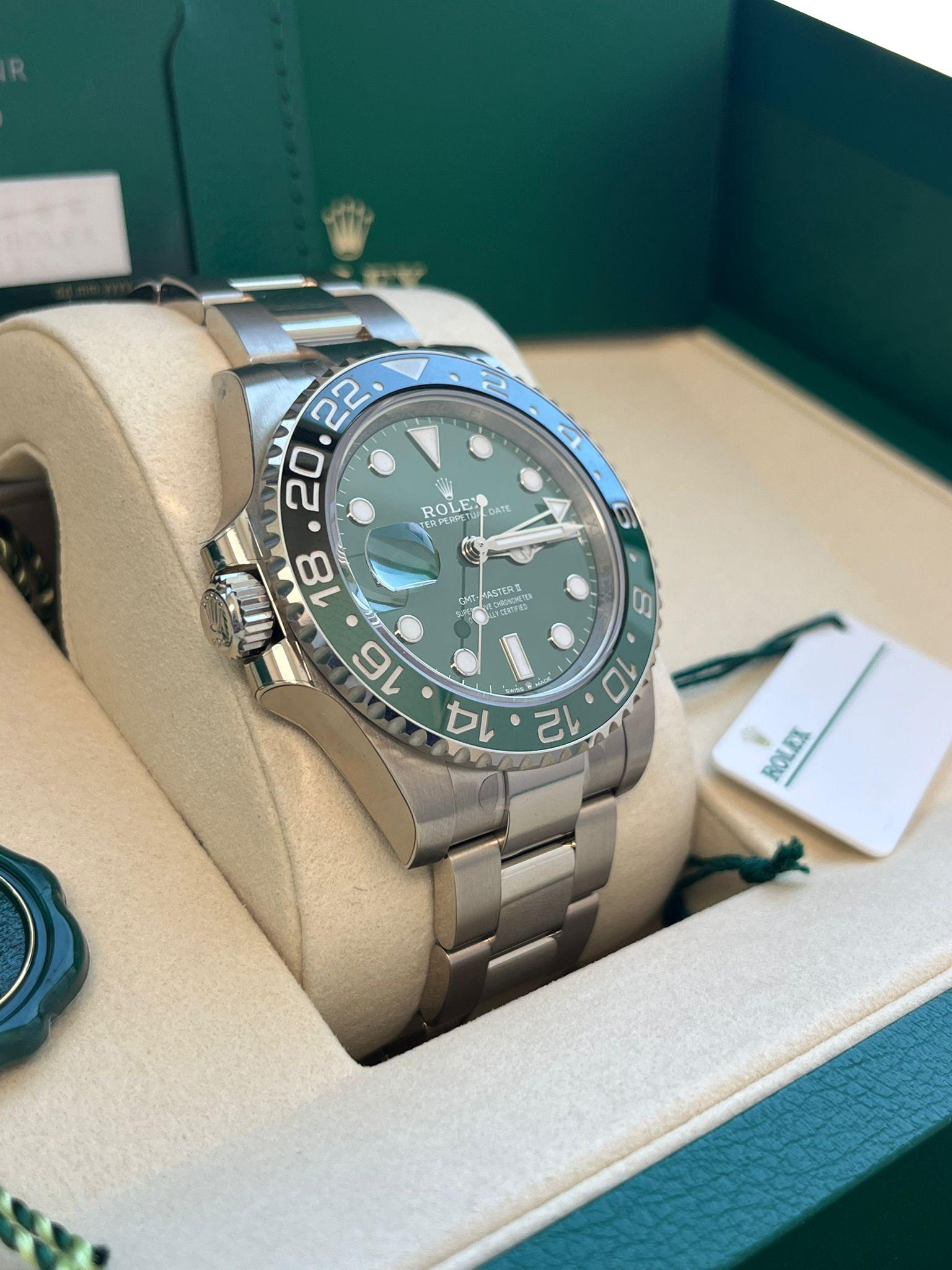 Rolex GMT-Master II 40mm Green Dial White Gold Oyster Bracelet Watch 126729VTNR For Sale 4