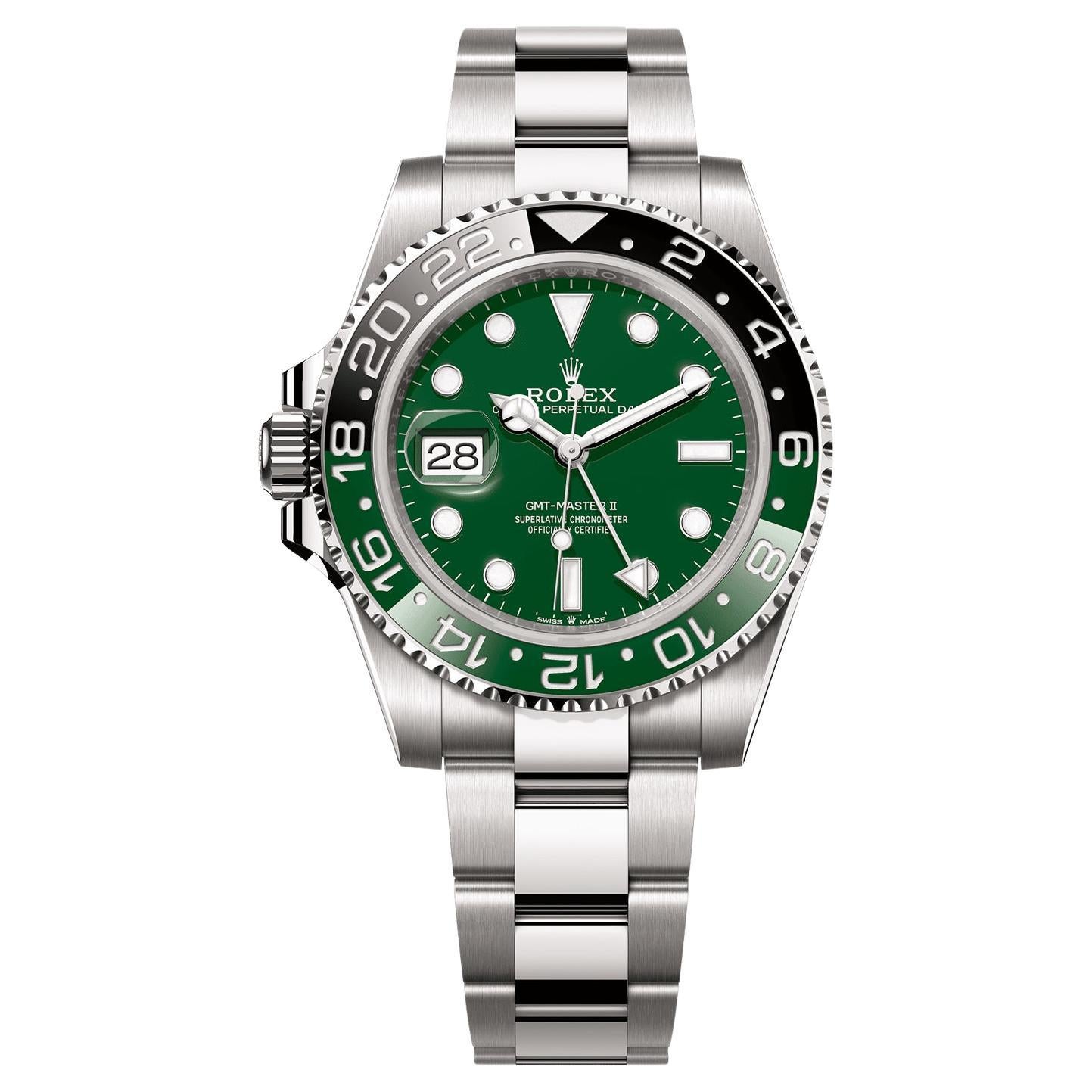 Rolex GMT-Master II 40mm Green Dial White Gold Oyster Bracelet Watch 126729VTNR For Sale