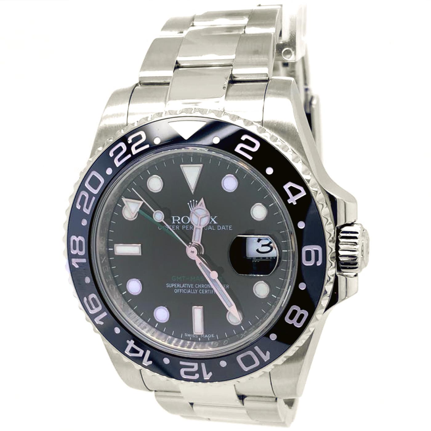 Rolex GMT Master II 116710, 116710LN, stainless steel on a stainless steel bracelet, automatic Rolex caliber 3186 movements, date, second-time zone, 24-hour hand, COSC, black dial, black bi-directional ceramic bezel, sapphire crystal,