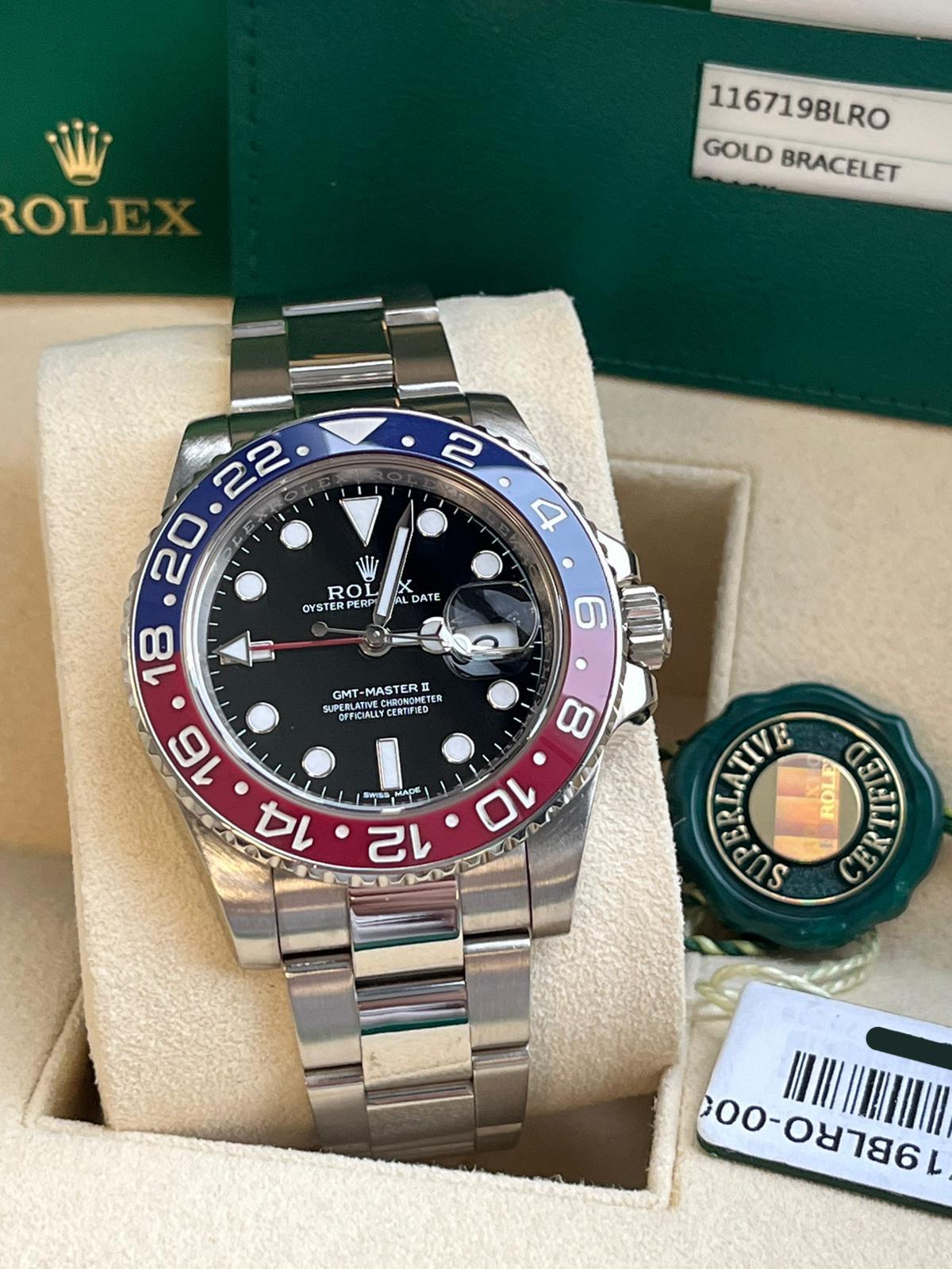 Modernist Rolex GMT-Master II 40mm Pepsi Black Dial 18K White Gold Oyster Watch 116719BLRO For Sale