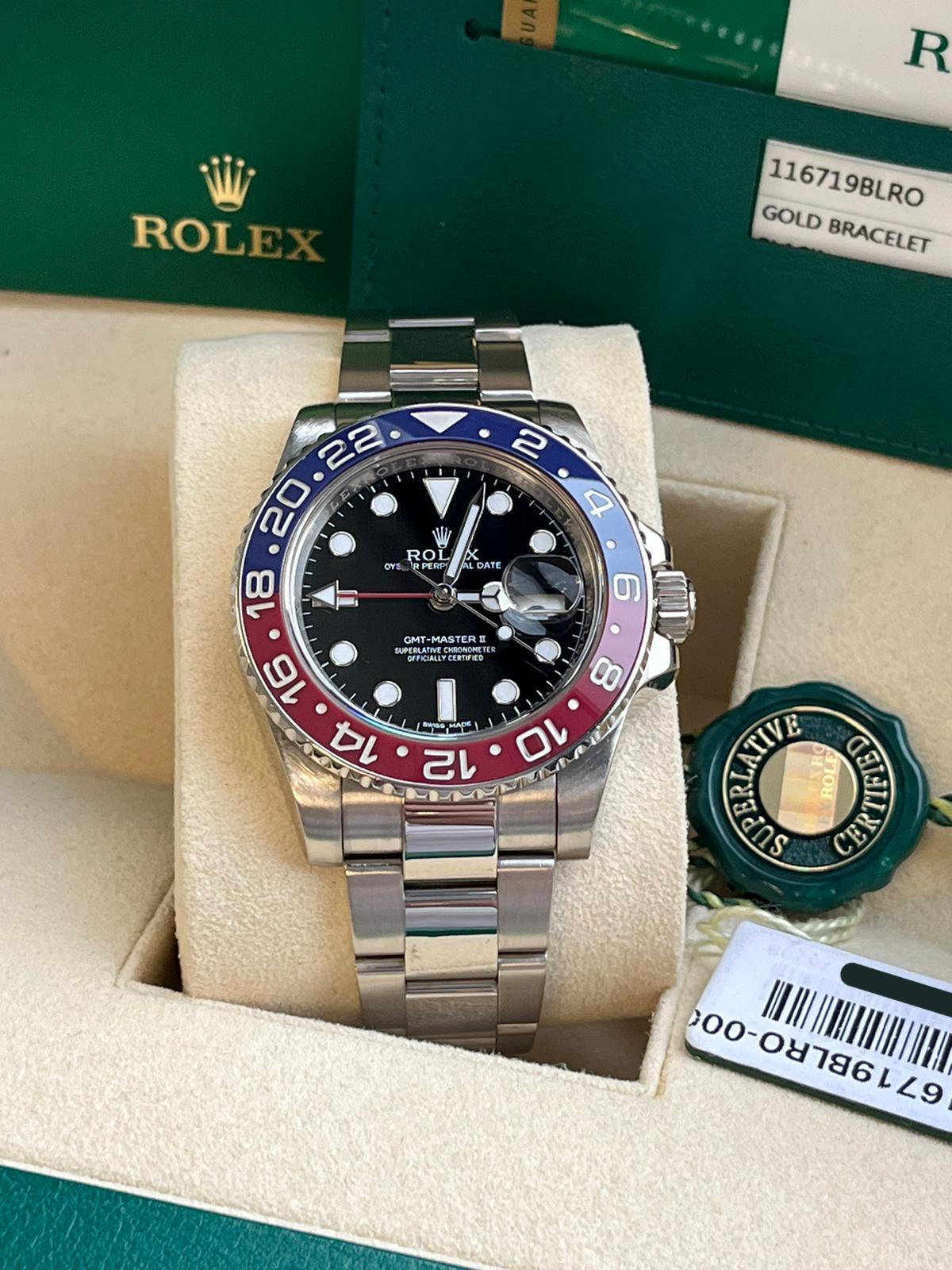 Modernist Rolex GMT-Master II 40mm Pepsi Black Dial 18K White Gold Oyster Watch 116719BLRO For Sale