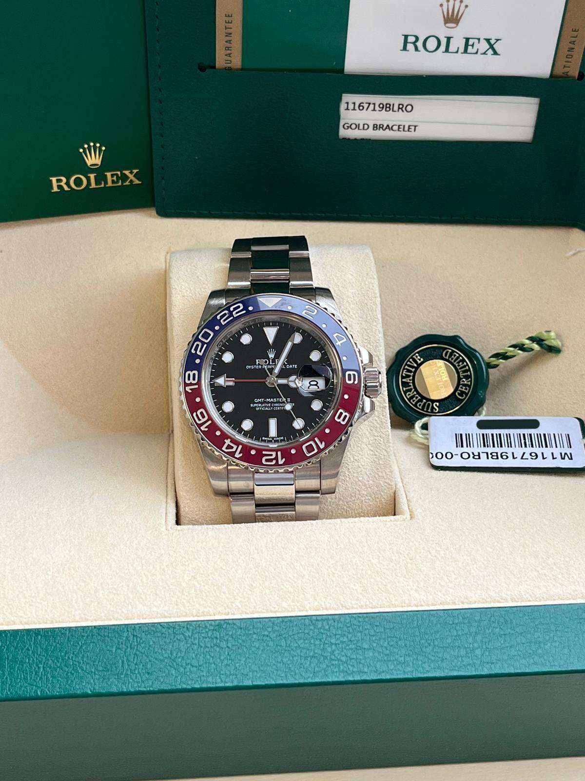 Rolex GMT-Master II 40mm Pepsi Black Dial 18K White Gold Oyster Watch 116719BLRO For Sale 1