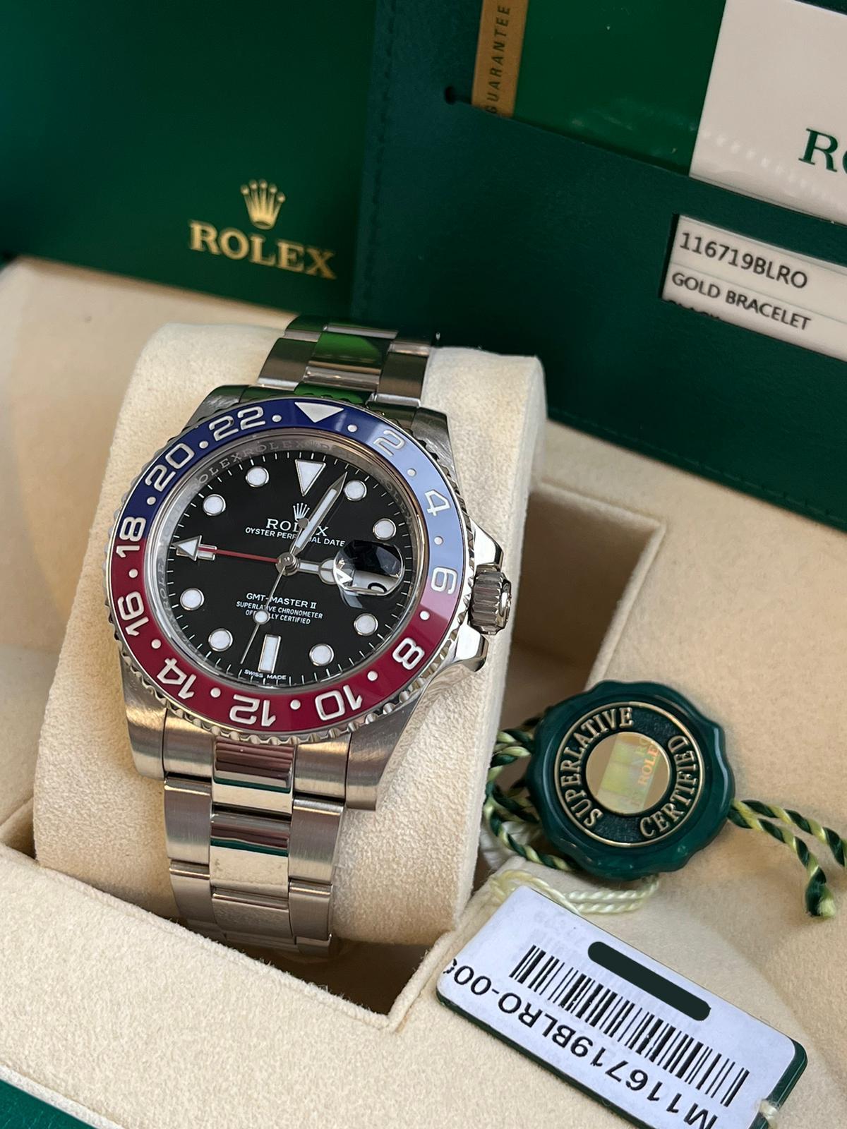 Rolex GMT-Master II 40mm Pepsi Black Dial 18K White Gold Oyster Watch 116719BLRO For Sale 1