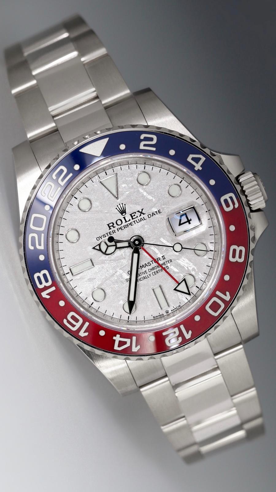 Men's Rolex GMT Master II 40mm Pepsi Meteorite Dial Oyster White Gold 126719BLRO, 2022
