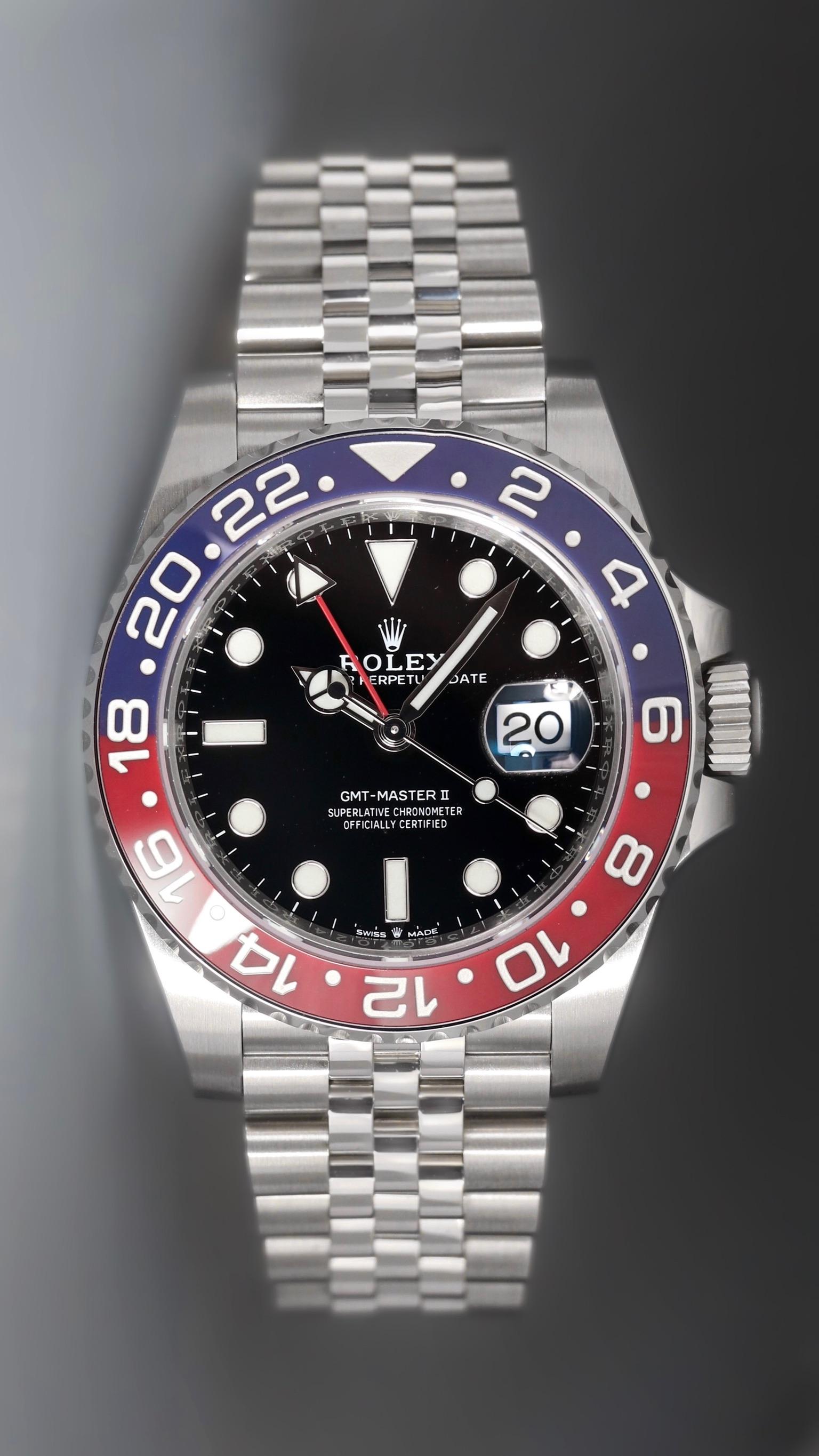 Unwornwatches introducing Rolex GMT-Master II 40mm Stainless Steel - Pepsi Bezel - Black Dial - Jubilee Bracelet - 2020 Model 126710BLRO

The iconic Rolex GMT-Master II, reference 126710BLRO, combines classic design with advanced functionality,