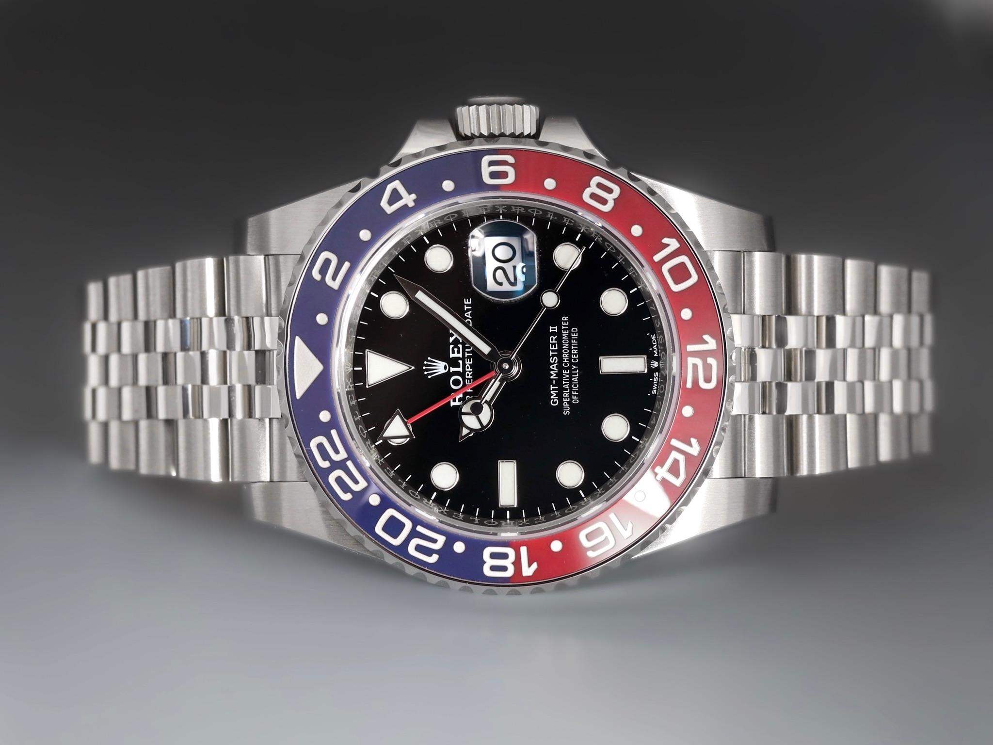 Contemporary Rolex GMT Master II 40mm SS Blue & Red Bezel Black Dial Jubilee 2020 126710BLRO
