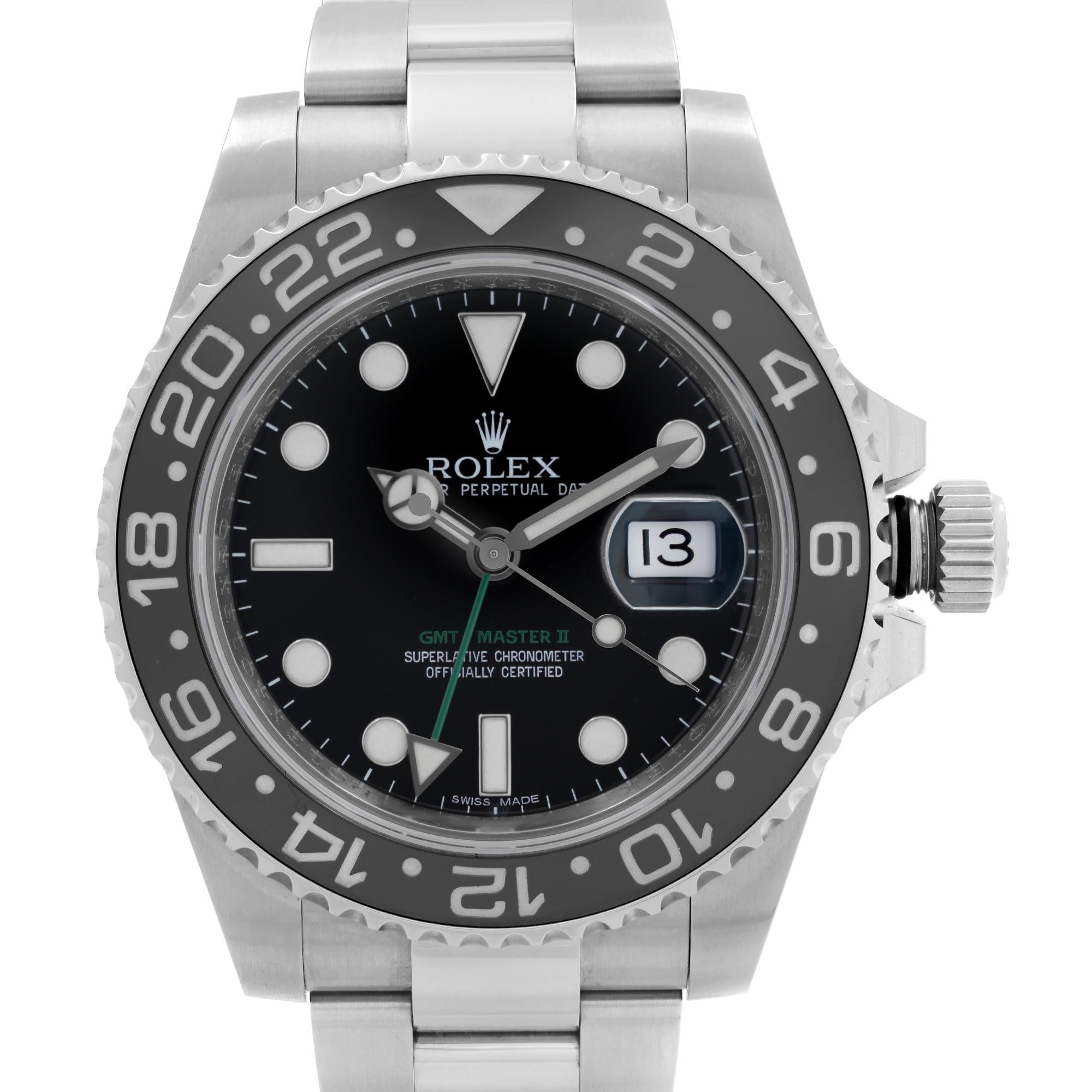 Scrambled Serial. Pre-owned Rolex GMT Master II 40mm Steel Ceramic Black Dial Automatic Men Watch 116710LN. This Beautiful Timepiece is Powered by Mechanical (Automatic) Movement And Features: Round Stainless Steel Case with a Stainless Steel