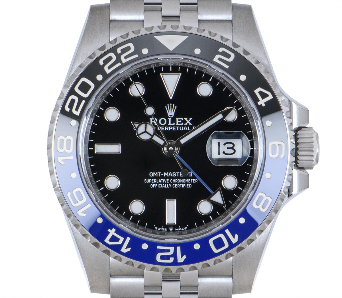 A GMT-Master II Batgirl in Oystersteel by Rolex. Featuring a black dial with the date and a blue second time zone hand. The ceramic two-colour blue and black bidirectional rotatable bezel features a graduated 24 hour display.

The 126710BLNR was