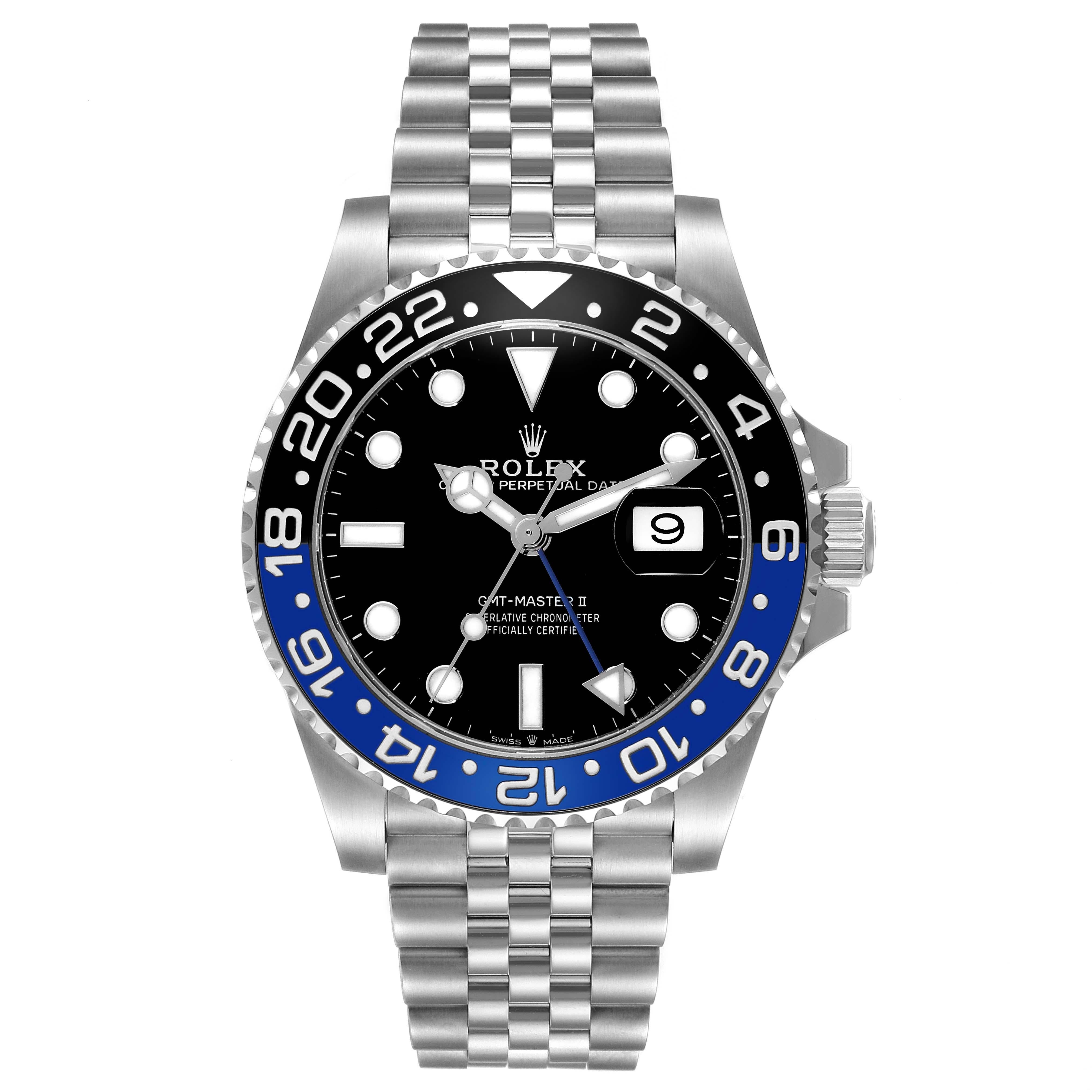 Rolex GMT Master II Batgirl Black Blue Bezel Steel Mens Watch 126710 Box Card. Officially certified chronometer automatic self-winding movement. Stainless steel case 40 mm in diameter. Rolex logo on the crown. Stainless steel bidirectional rotating