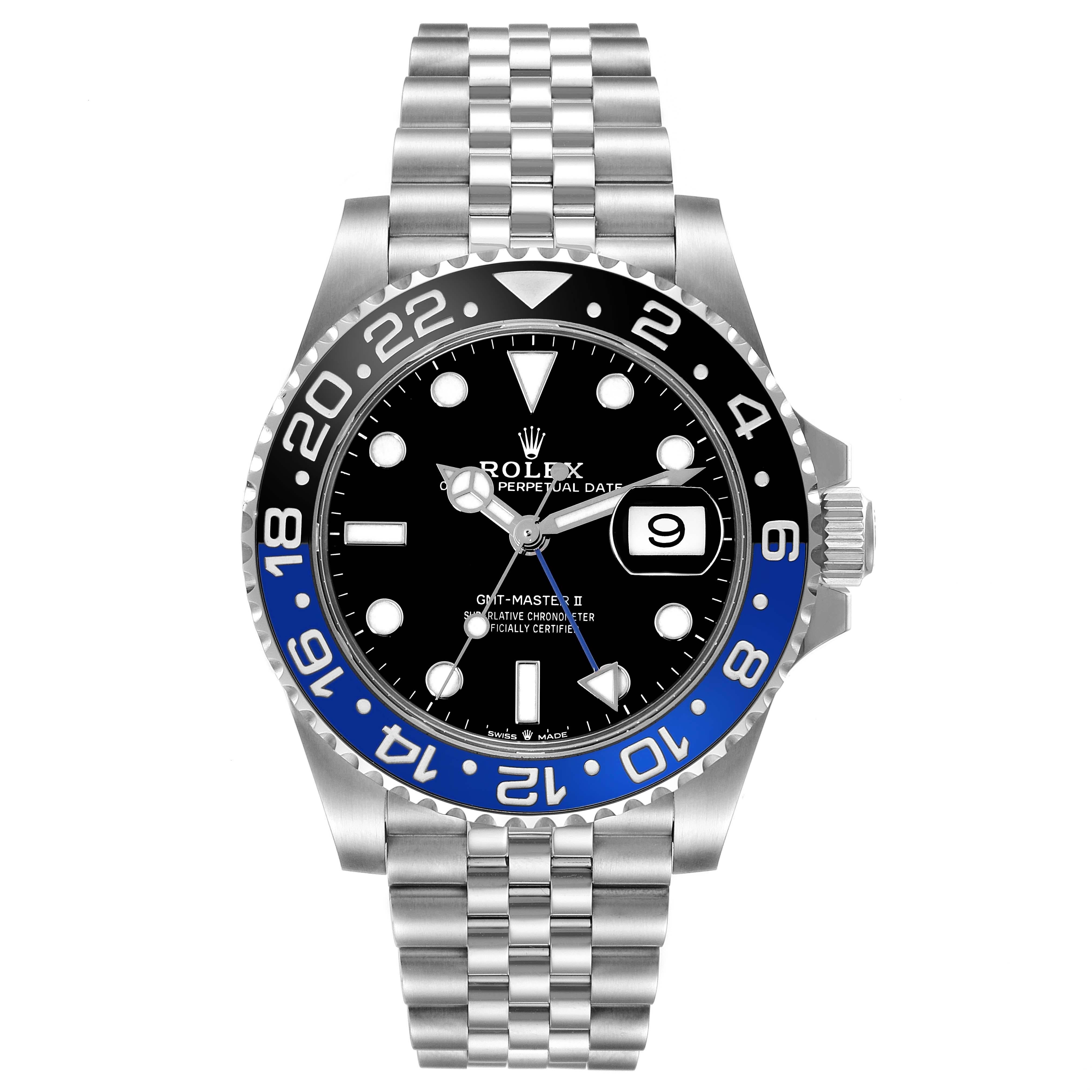 Rolex GMT Master II Batgirl Black Blue Bezel Steel Mens Watch 126710 Box Card. Officially certified chronometer automatic self-winding movement. Stainless steel case 40 mm in diameter. Rolex logo on the crown. Stainless steel bidirectional rotating