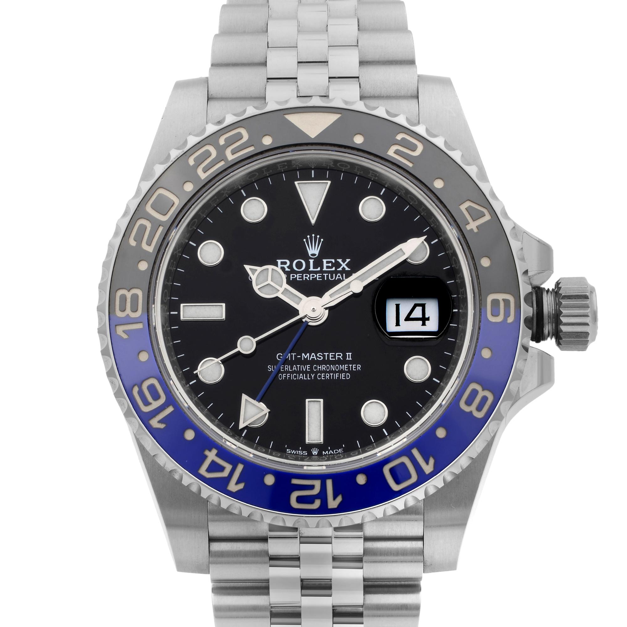 This display model Rolex GMT-Master II 126710BLNR  is a beautiful men's timepiece that is powered by a mechanical (automatic) movement which is cased in a stainless steel case. It has a round shape face, date indicator, dual time dial, and has hand