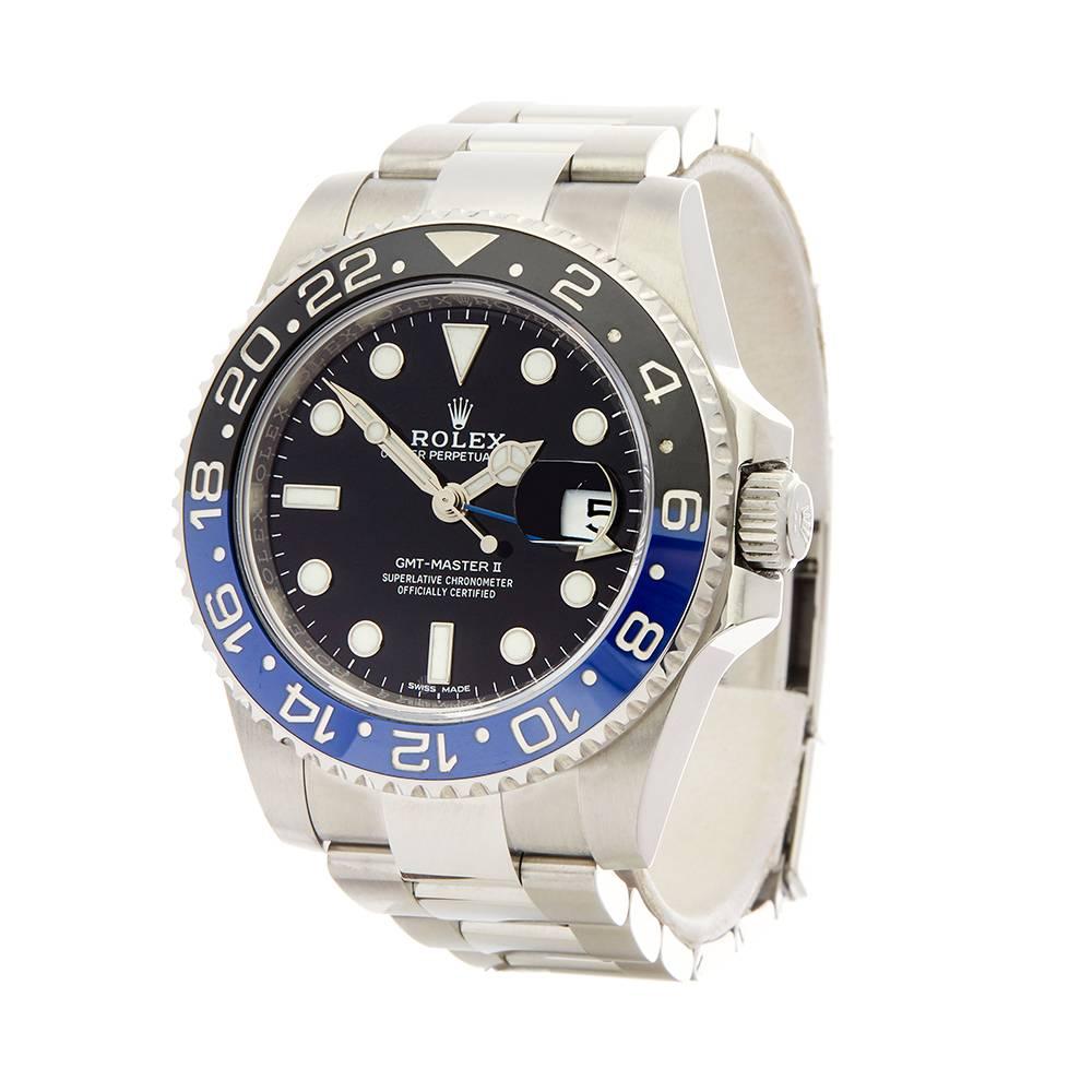 Ref: W5199
Manufacturer: Rolex
Model: GMT-Master II
Model Ref: 116710BLNR
Age: 19th February 2017
Gender: Mens
Complete With: Box & Guarantee
Dial: Black 
Glass: Sapphire Crystal
Movement: Automatic
Water Resistance: To Manufacturers