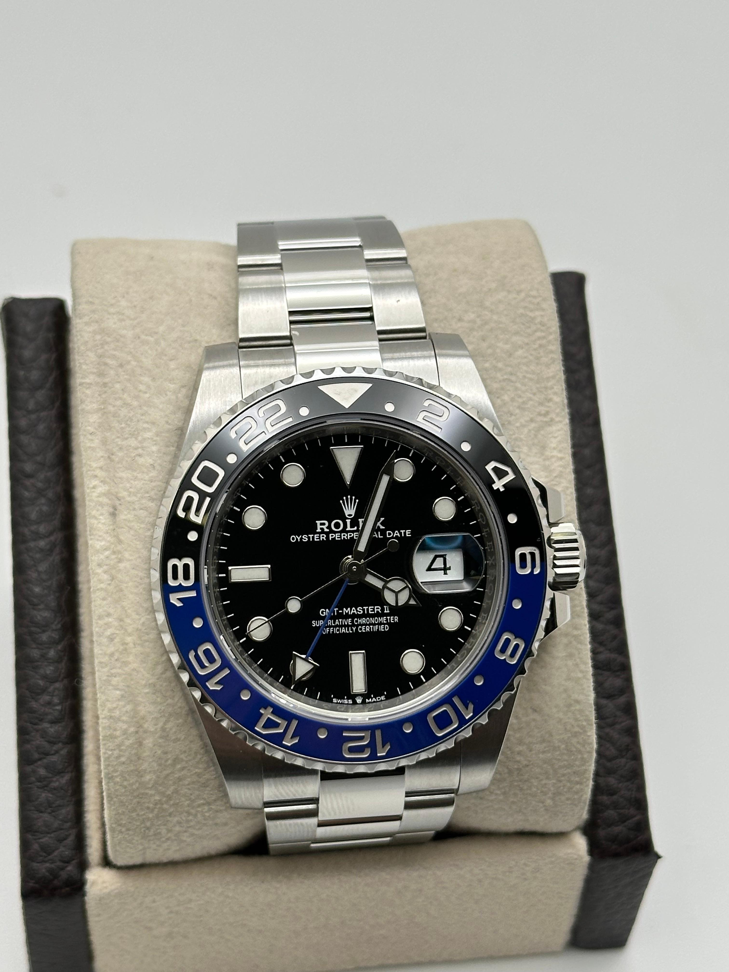 Style Number: 126710BLNR



Serial: 17J22***



Year: 2022

 

Model: Rolex GMT Master II - Batman (Blue & Black Bezel)

 

Case Material: Stainless Steel 

 

Band:  Stainless Steel 

  

Bezel: Batman - Black and Blue Ceramic Bezel 

  

Dial: