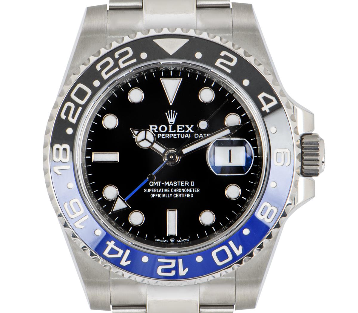An unworn GMT-Master II Batman in Oystersteel from Rolex, featuring a black dial with a blue time zone hand and date display. The ceramic two-colour black and blue bidirectional rotatable bezel features a graduated 24 hour display.

The 126710BLNR