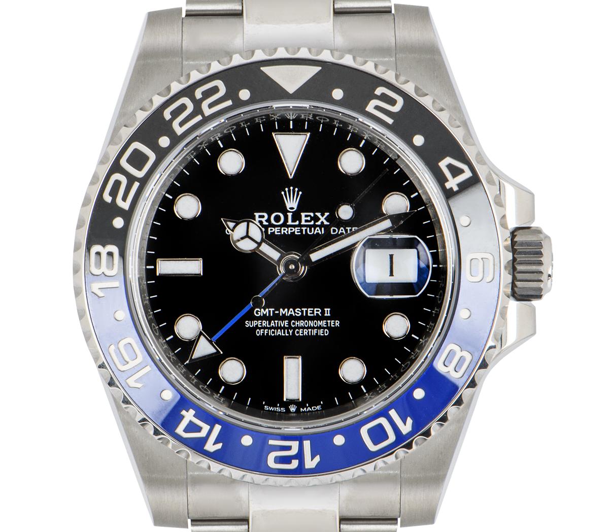 An unworn GMT-Master II Batman in Oystersteel from Rolex. Featuring a black dial with a blue time zone hand. The ceramic black and blue bidirectional rotatable bezel features a graduated 24-hour display.

The 126710BLNR was newly released in 2021 on