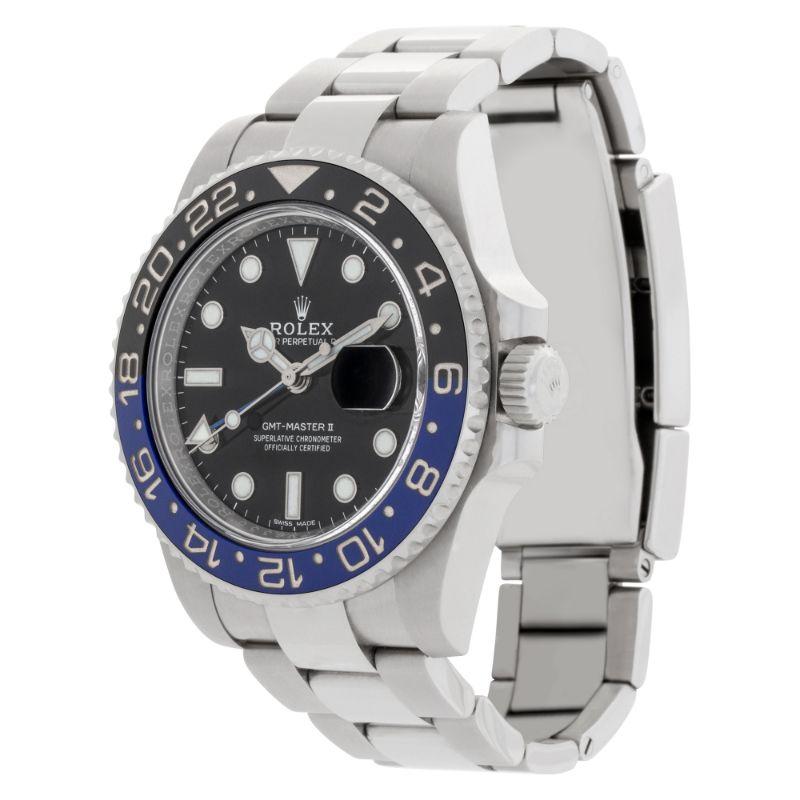 Rolex GMT Master II Batman in stainless steel with a black and blue ceramic bezel. Auto w/ subseconds, date and dual time. 40 mm case size. With papers. **Bank wire only at this price** Ref 116710BLNR. Circa 2017. Fine Pre-owned Rolex Watch.
