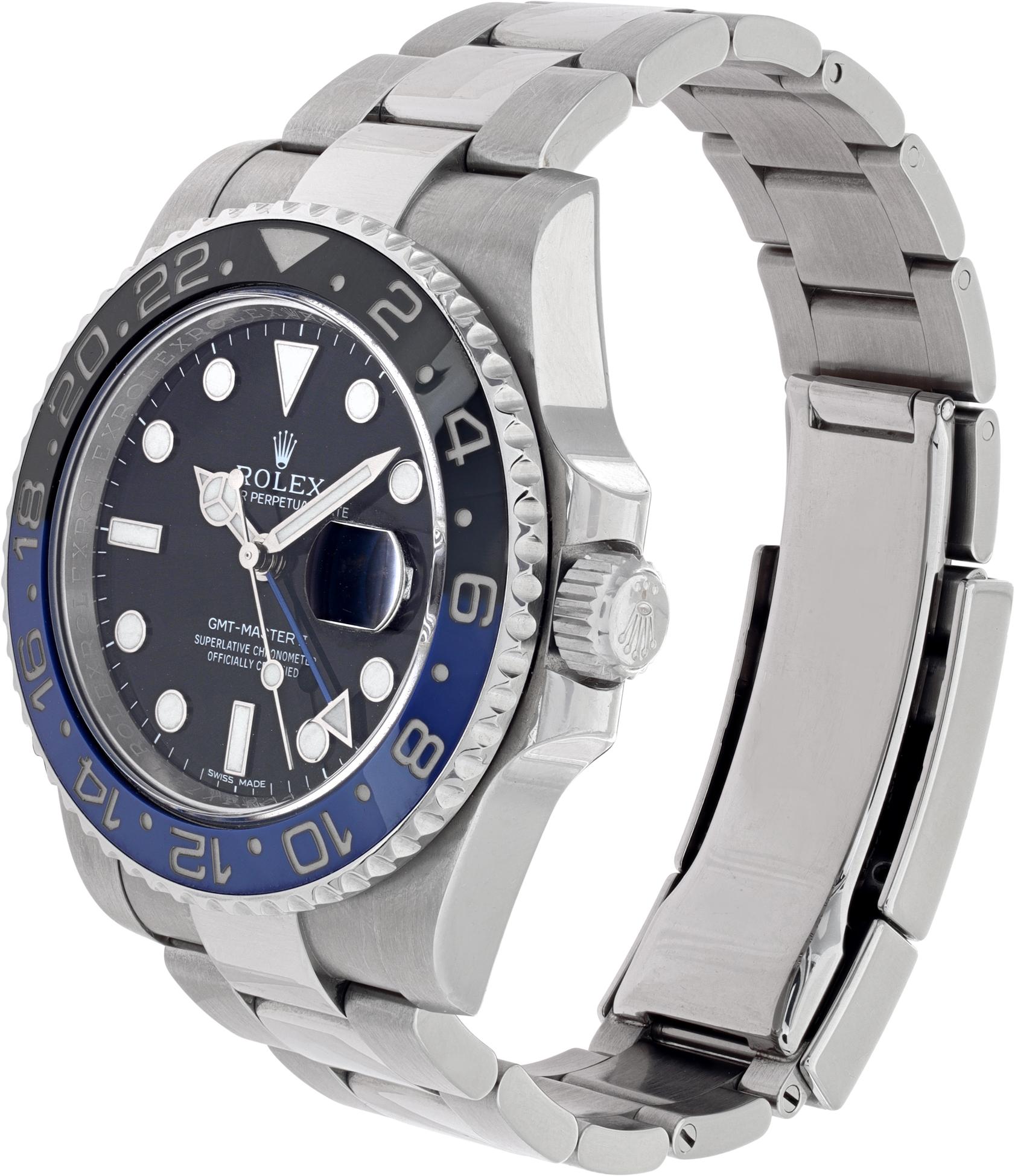 Rolex GMT Master II Batman in stainless steel. Auto w/ sweep seconds, date and dual time. 40 mm case size. With box. Circa mid 2010's. Ref 116710blnr. * Bank Wire Only at this Price * Fine Pre-owned Rolex Watch.

 Certified preowned Sport Rolex GMT