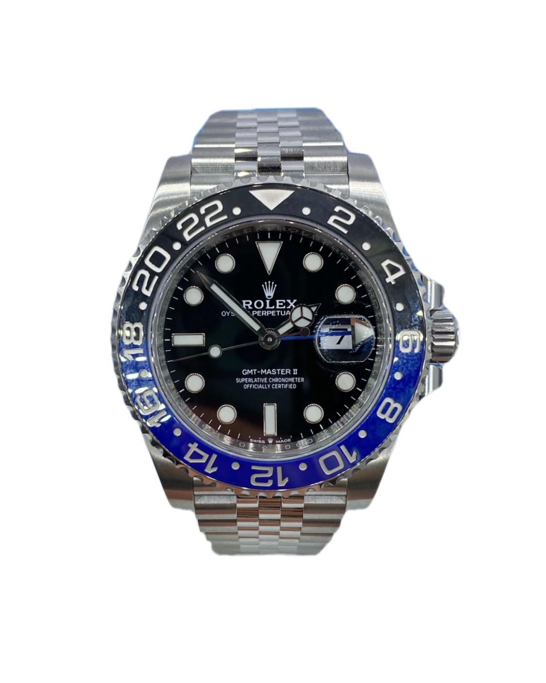 The Rolex GMT-Master II 126710BLNR men's watch. Also known as the Rolex Batman Jubilee. Featuring a brushed and polished 904L Oystersteel stainless steel case and Jubilee bracelet. The date is viewable through a cyclops lens at 3 o'clock. The