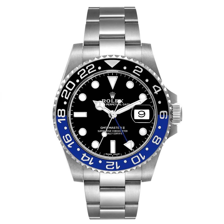 Rolex GMT Master II Batman Black Blue Ceramic Bezel Steel Watch 116710 Box Card. Officially certified chronometer automatic self-winding movement. Stainless steel case 40.0 mm in diameter. Rolex logo on the crown. Stainless steel bi-directional