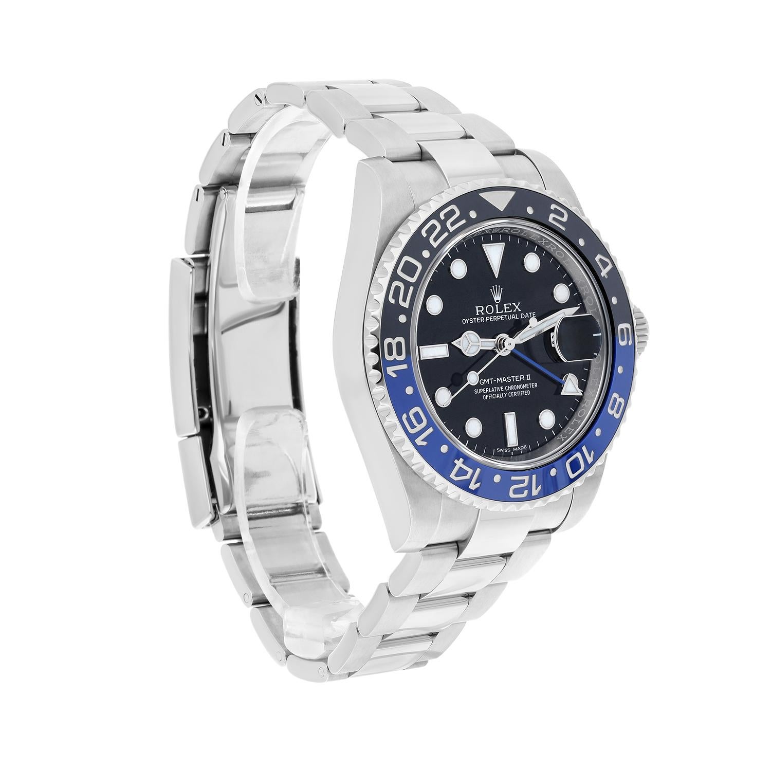 Modern Rolex GMT-Master II Batman Black/Blue Ceramic Steel Oyster Watch Complete 116710 For Sale
