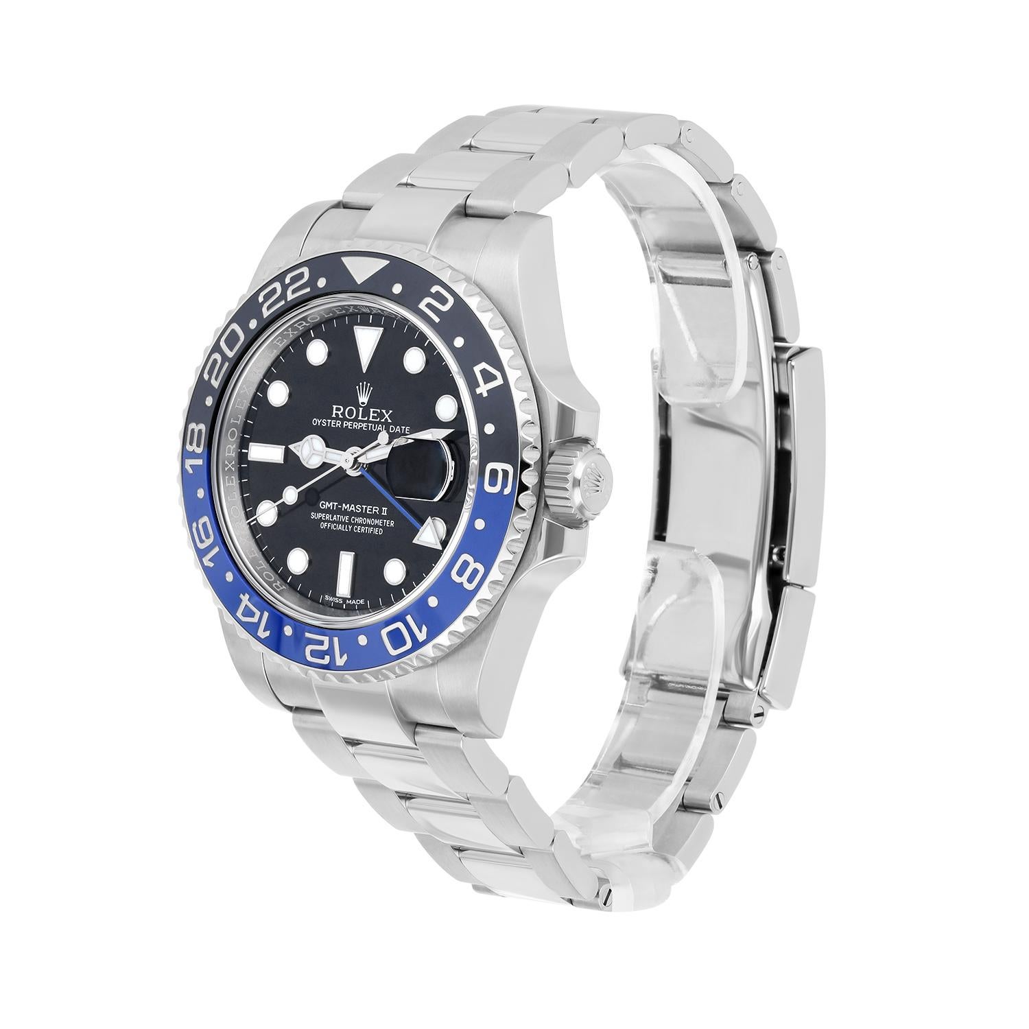Men's Rolex GMT-Master II Batman Black/Blue Ceramic Steel Oyster Watch Complete 116710 For Sale