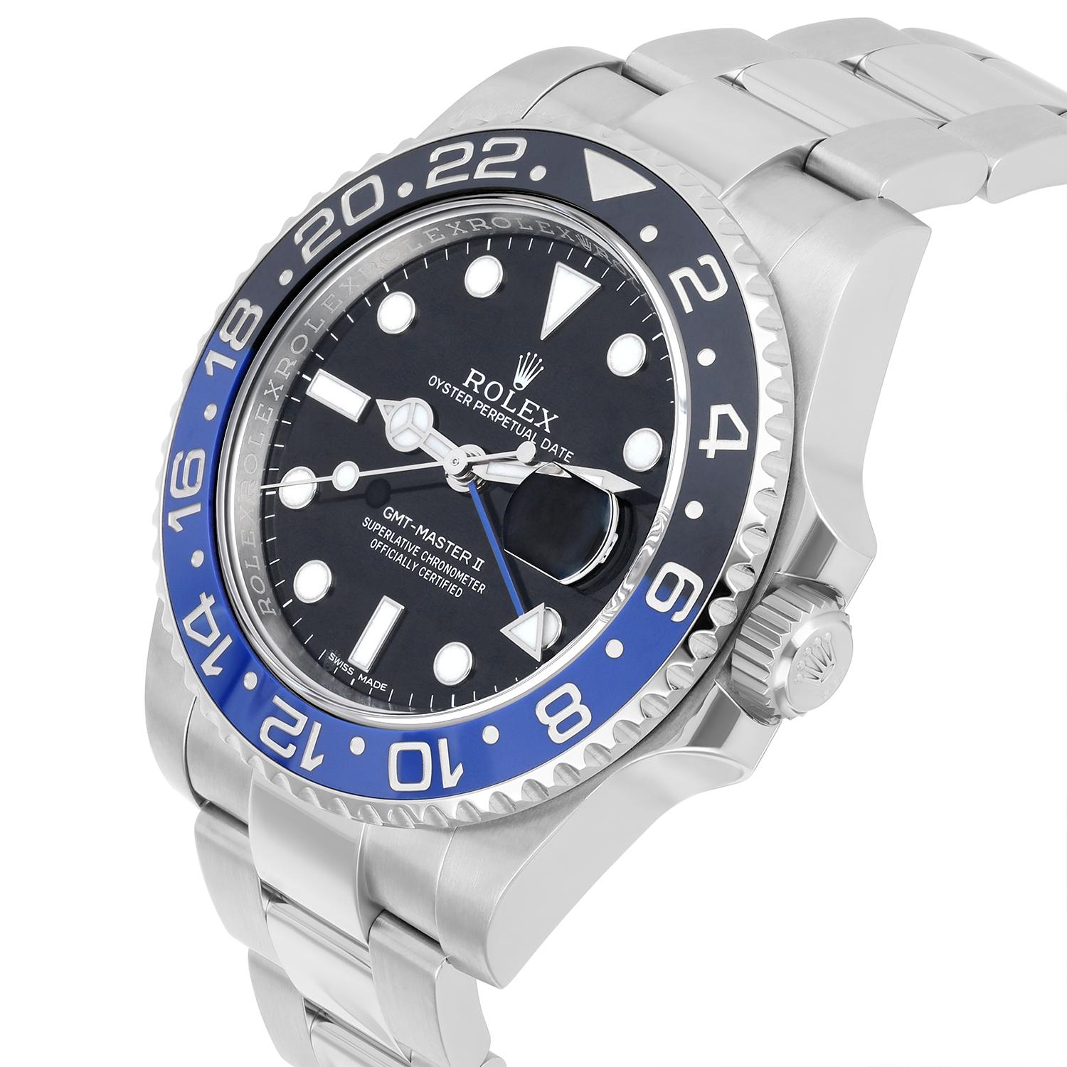 Rolex GMT-Master II Batman Black/Blue Ceramic Steel Oyster Watch Complete 116710 For Sale 1
