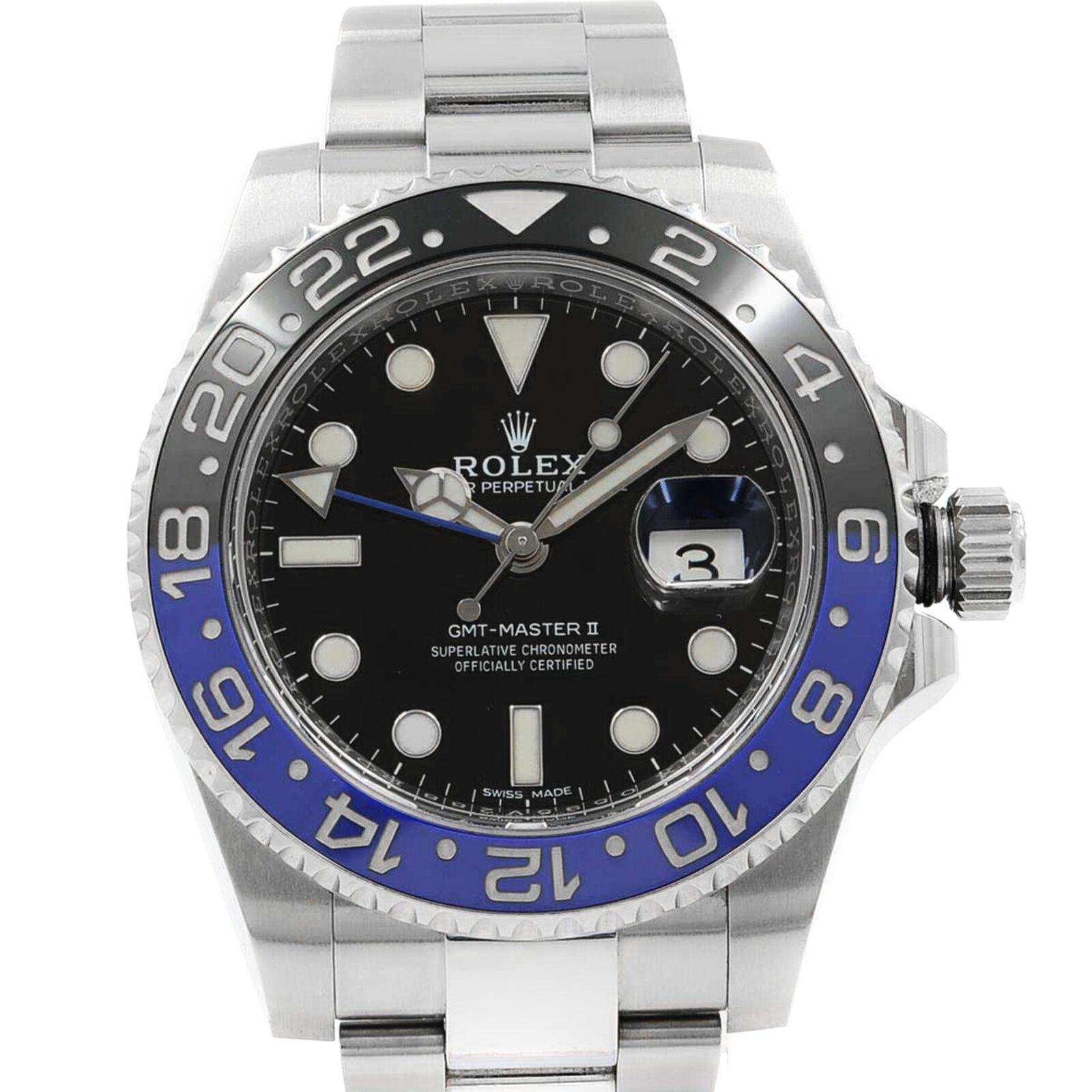 This pre-owned Rolex GMT-Master II 116710BLNR is a beautiful men's timepiece that is powered by an automatic movement which is cased in a stainless steel case. It has a round shape face, date dial and has hand sticks & dots style markers. It is