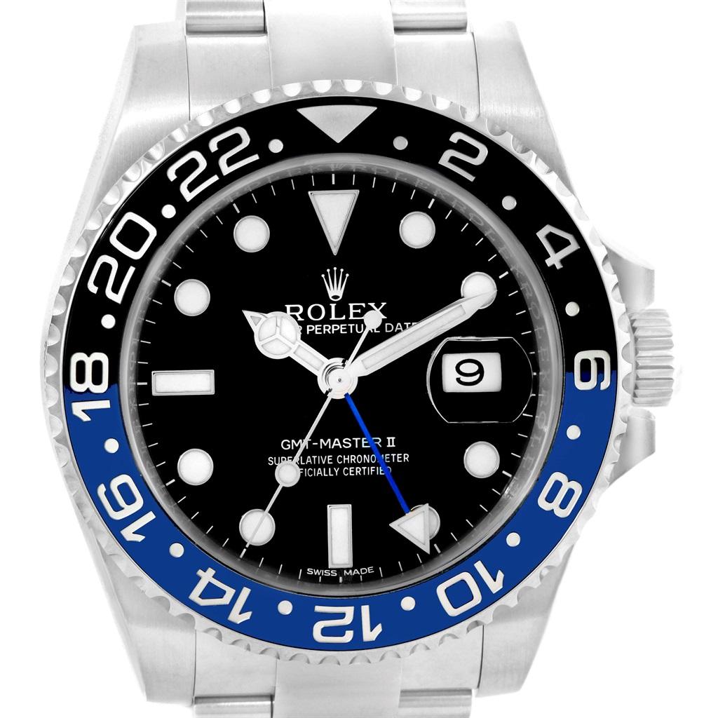 Rolex GMT Master II Batman Blue Black Bezel Steel Watch 116710 Box Card. Officially certified chronometer automatic self-winding movement. Stainless steel case 40.0 mm in diameter. Rolex logo on a crown. Stainless steel black and blue bidirectional