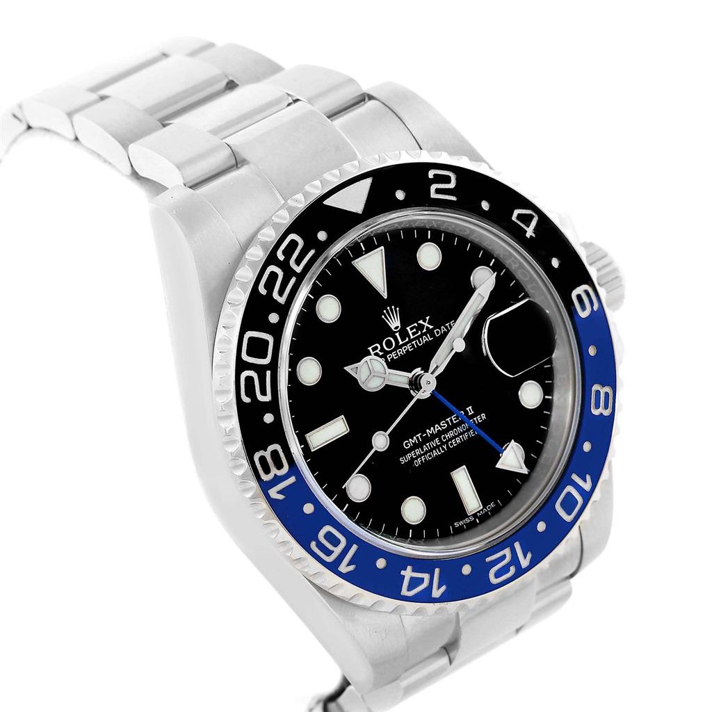 Rolex GMT Master II Batman Blue Black Bezel Steel Watch 116710 Box Card In Excellent Condition For Sale In Atlanta, GA