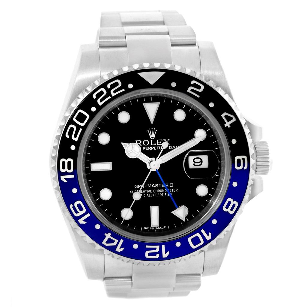 Men's Rolex GMT Master II Batman Blue Black Bezel Steel Watch 116710 Box Card For Sale