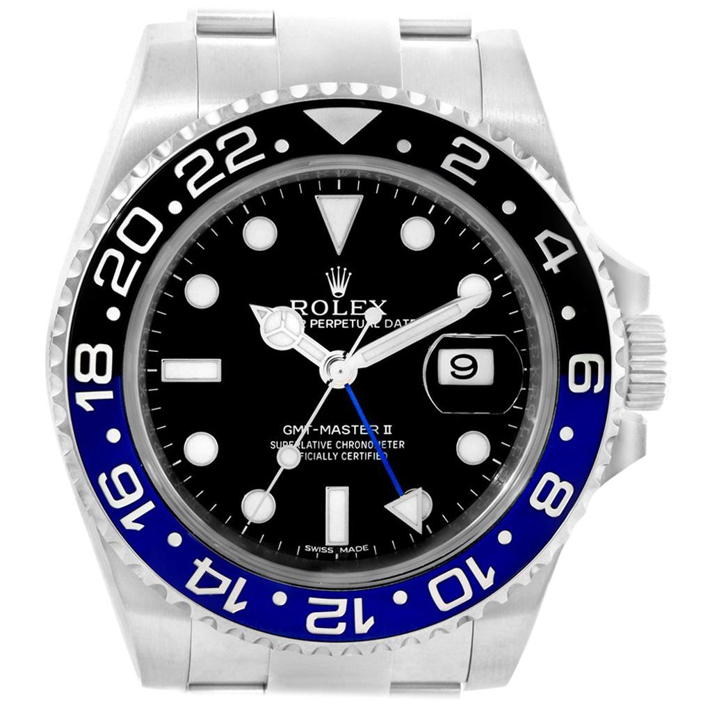 Rolex GMT Master II Batman Blue Black Bezel Steel Watch 116710 Box Card For Sale