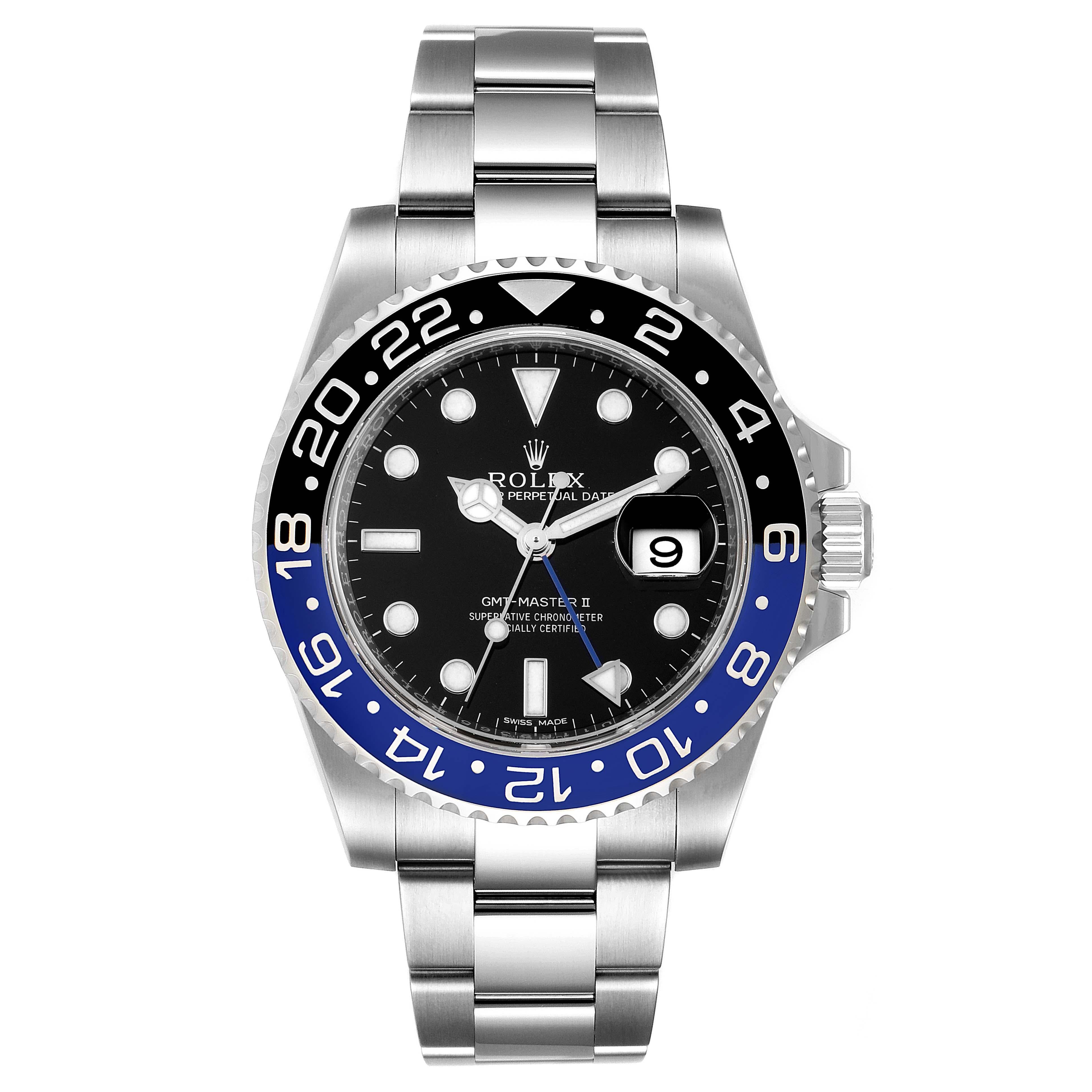 Rolex GMT Master II Batman Blue Black Bezel Steel Watch 116710 Unworn. Officially certified chronometer self-winding movement. Stainless steel case 40.0 mm in diameter. Rolex logo on a crown. Stainless steel black and blue bidirectional rotating