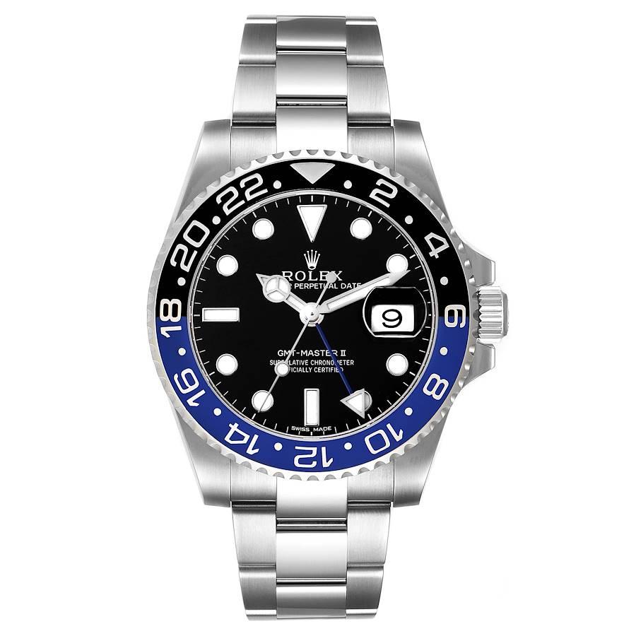 Rolex GMT Master II Batman Blue Black Ceramic Bezel Steel Watch 116710 Box Card. Officially certified chronometer self-winding movement. Stainless steel case 40.0 mm in diameter. Rolex logo on a crown. Stainless steel black and blue bidirectional