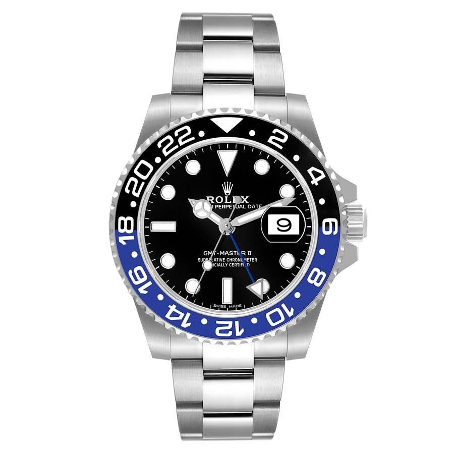Rolex GMT Master II Batman Blue Black Ceramic Bezel Steel Watch 116710 Box Card. Officially certified chronometer automatic self-winding movement. Stainless steel case 40.0 mm in diameter. Rolex logo on the crown. Stainless steel bi-directional
