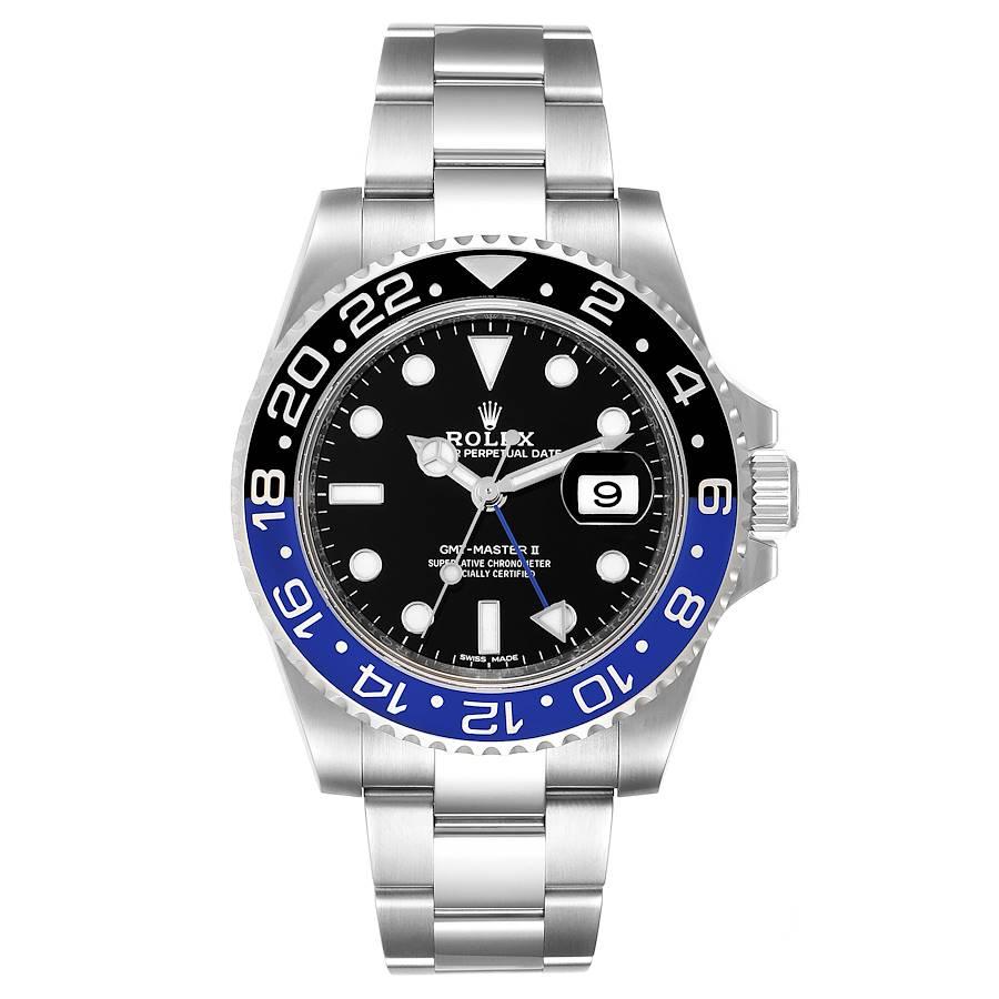 Rolex GMT Master II Batman Blue Black Ceramic Bezel Steel Watch 116710 Box Paper. Officially certified chronometer self-winding movement. Stainless steel case 40.0 mm in diameter. Rolex logo on a crown. Stainless steel black and blue bidirectional