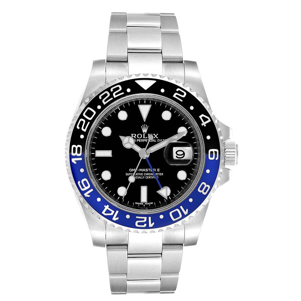 Rolex GMT Master II Batman Blue Black Ceramic Bezel Steel Watch 116710. Officially certified chronometer self-winding movement. Stainless steel case 40.0 mm in diameter. Rolex logo on a crown. Stainless steel black and blue bidirectional rotating