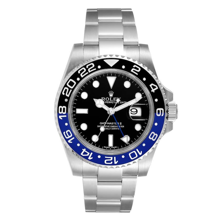 Rolex GMT Master II Batman Blue Black Ceramic Bezel Steel Watch 116710. Officially certified chronometer self-winding movement. Stainless steel case 40.0 mm in diameter. Rolex logo on a crown. Stainless steel black and blue bidirectional rotating