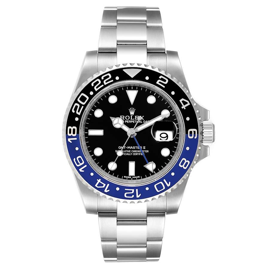 Rolex GMT Master II Batman Blue Black Ceramic Bezel Steel Watch 116710. Officially certified chronometer self-winding movement. Stainless steel case 40.0 mm in diameter. Rolex logo on a crown. Stainless steel black and blue bidirectional rotating