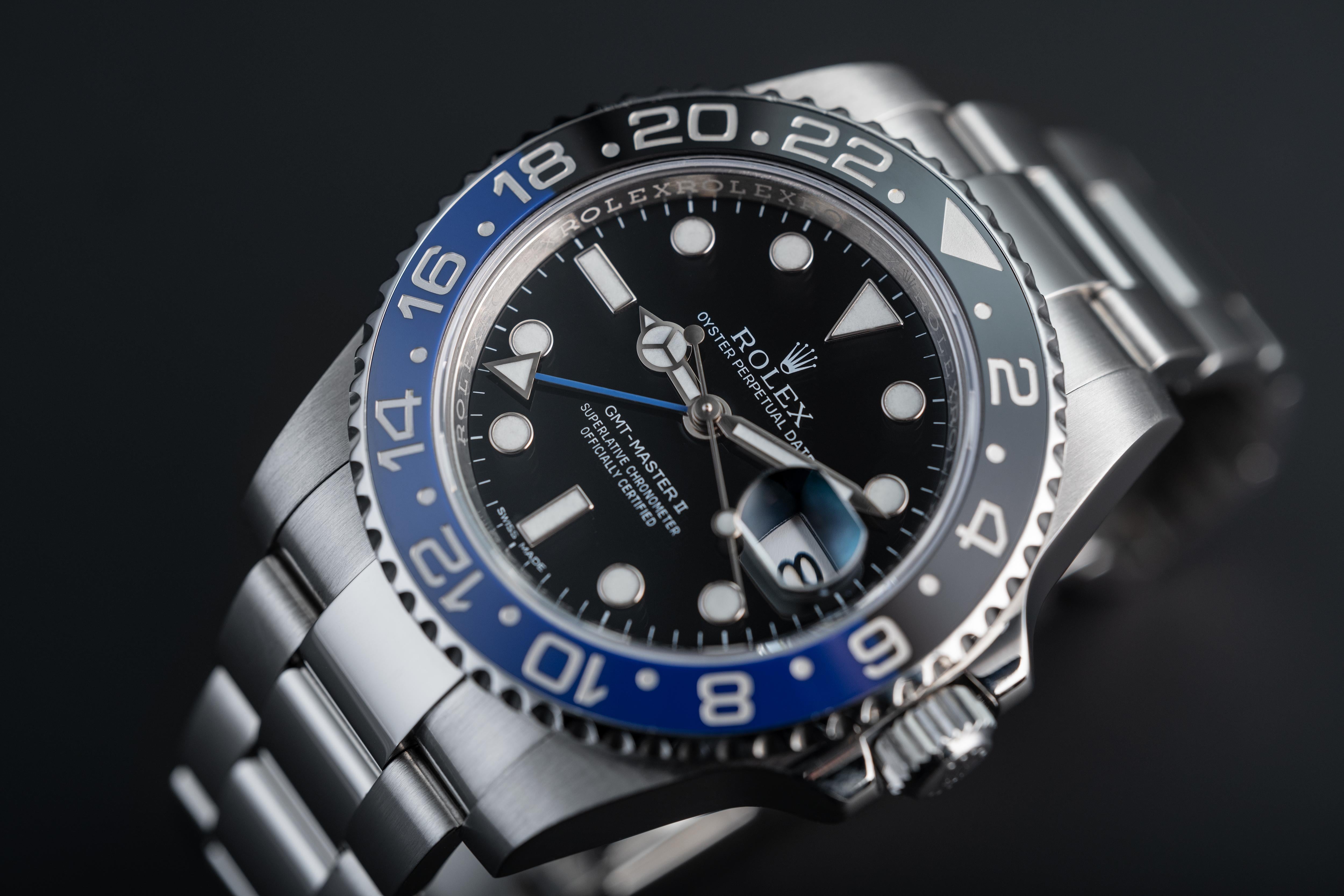 This Rolex GMT-Master II ref, 116710BLNR from 2016 is presented in pristine condition. In a 40mm Oyster steel case and featuring the blue/black 'Batman' Cerachrom bezel, it is fitted to the sporty Oyster bracelet. Inside beats the in-house automatic