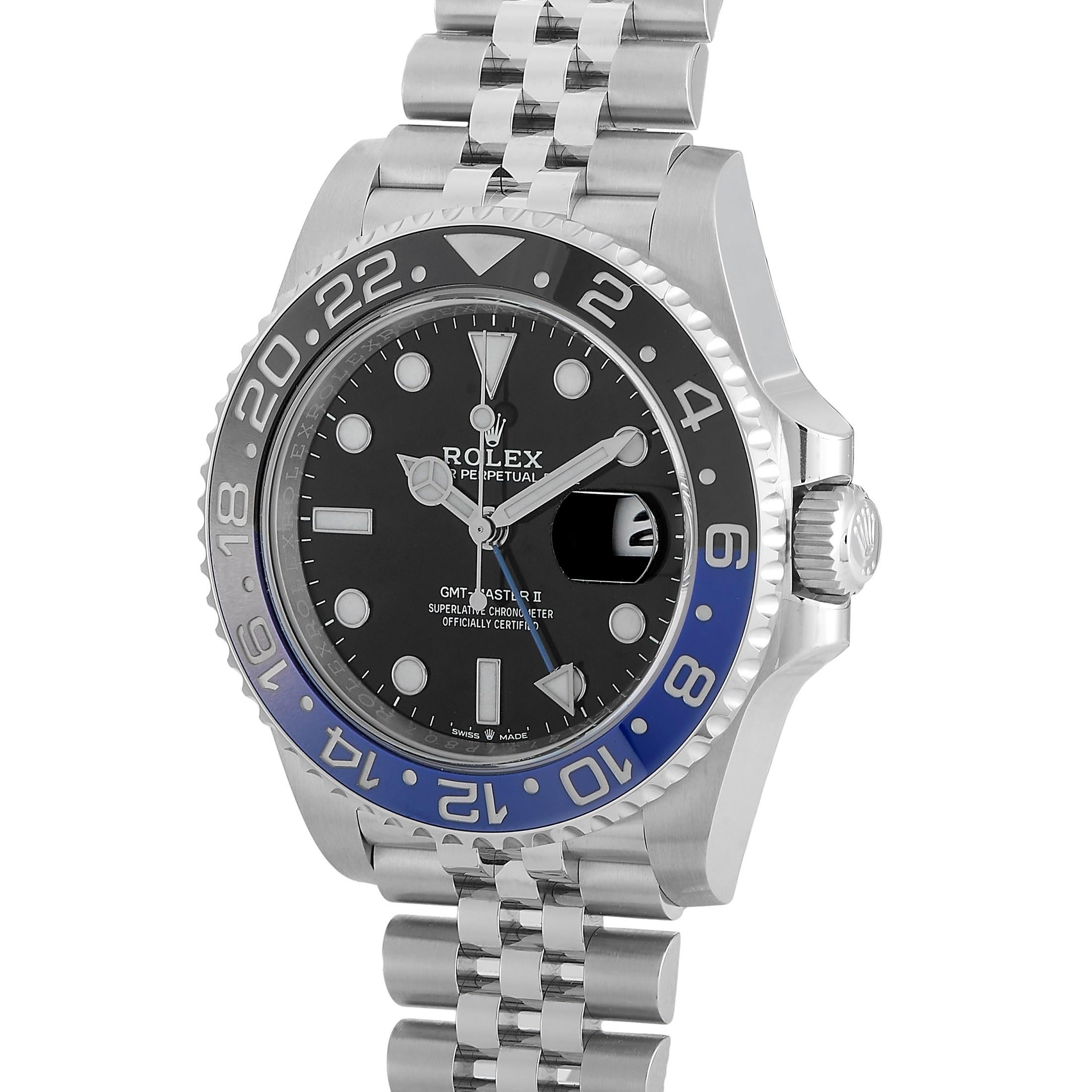 A traveler's watch with character. Introduced in 2019, the Rolex GMT-Master II Batman Stainless Steel Men's Watch 126710BLNR is designed with a 40mm-wide case in Rolex's Oystersteel, and a blue-and-black Cerachrom bezel that rotates in both