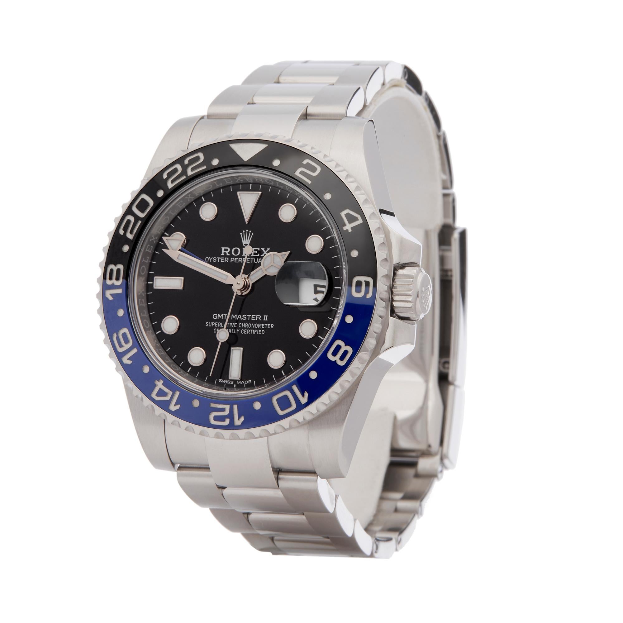 Ref: COM2216
Manufacturer: Rolex
Model: GMT-Master II
Model Ref: 116710BLNR
Age: 2nd April 2016
Gender: Mens
Complete With: Box, Manuals & Guarantee
Dial: Black
Glass: Sapphire Crystal
Movement: Automatic
Water Resistance: To Manufacturers