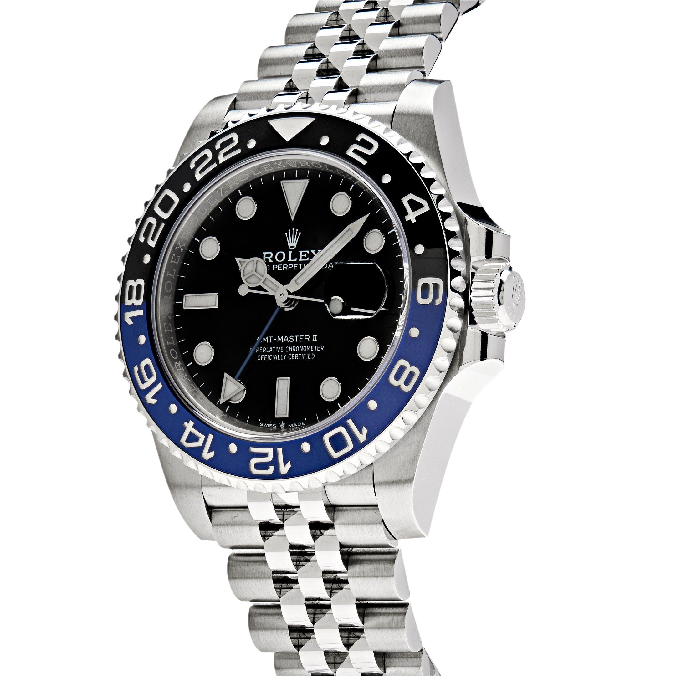 The Rolex GMT Master II 'Batman' features a 40mm stainless steel case with a black and blue 24hr Cerachrom on the bidirectional bezel. Its black dial and white luminous hour markers elevates this design, attracting a world of travelers. The watch