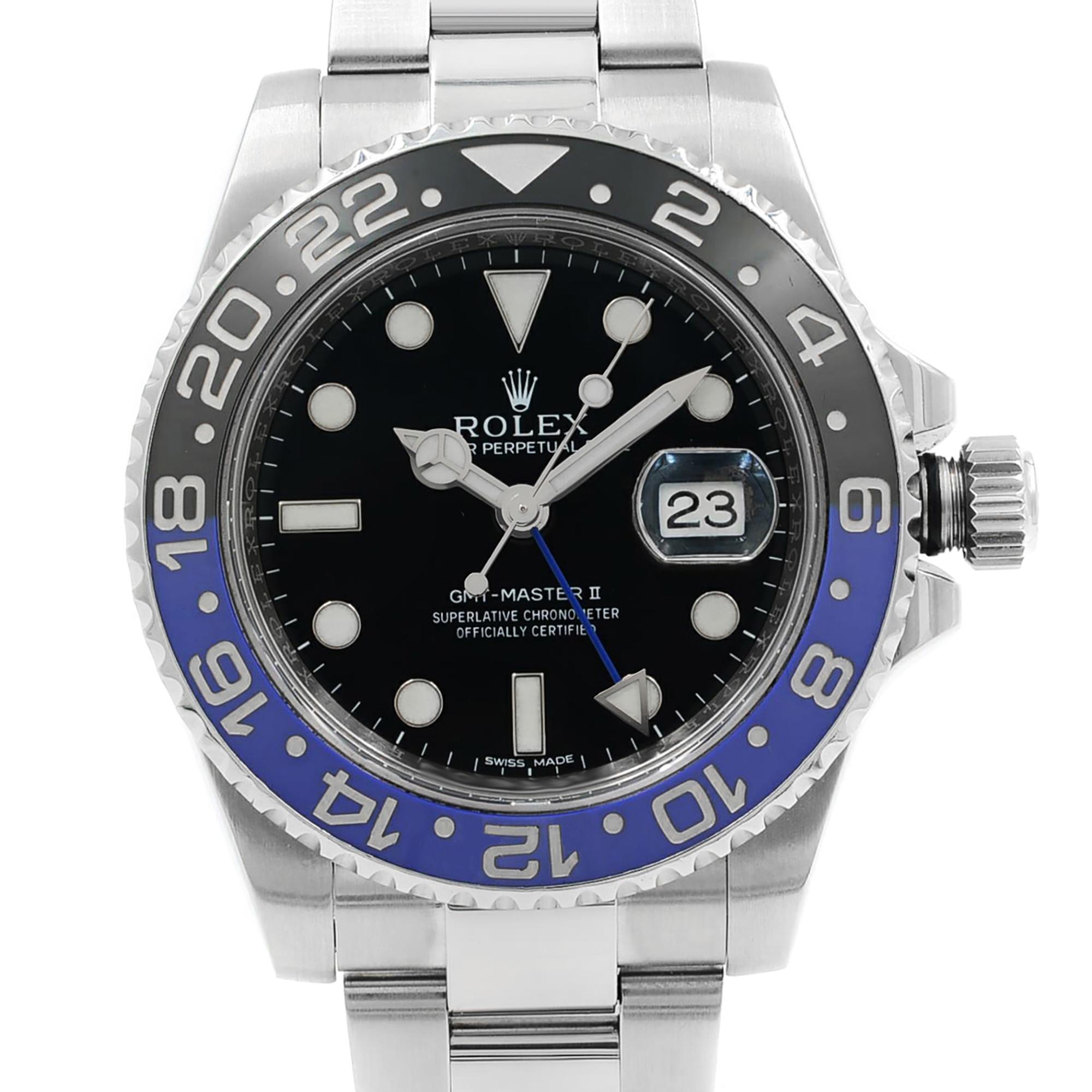 Pre-owned 2015 Card. Comes with the Original Box and Papers. Covered by a 3-year Chronostore Warranty.

Brand: Rolex
Model: Rolex GMT-Master II 116710BLNR
Model Number: 116710BLNR
Movement: Mechanical (Automatic)
Movement Caliber: Rolex calibre
