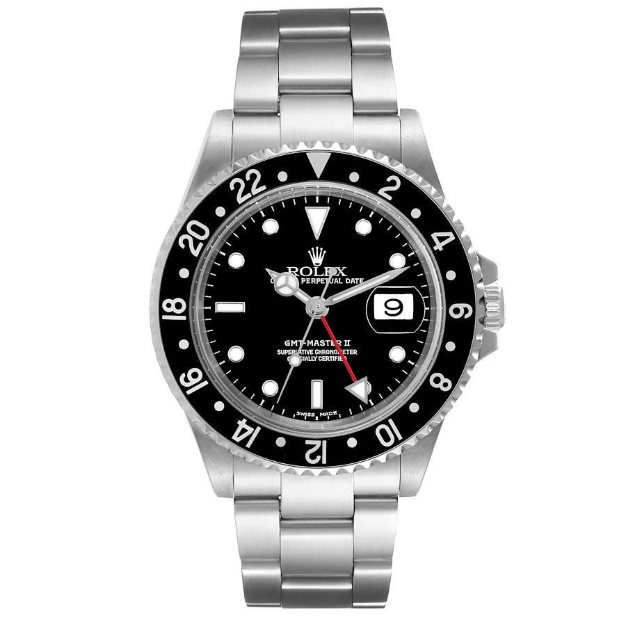 Rolex GMT Master II Black Bezel Dial Steel Mens Watch 16710. Officially certified chronometer self-winding movement. Stainless steel case 40 mm in diameter. Rolex logo on a crown. Bidirectional rotating bezel with a special 24-hour black bezel