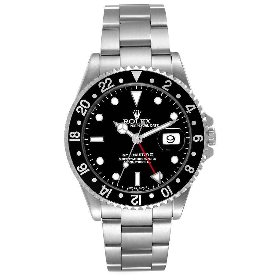 Rolex GMT Master II Black Bezel Dial Steel Mens Watch 16710. Officially certified chronometer self-winding movement. Stainless steel case 40 mm in diameter. Rolex logo on a crown. Bidirectional rotating bezel with a special 24-hour black bezel