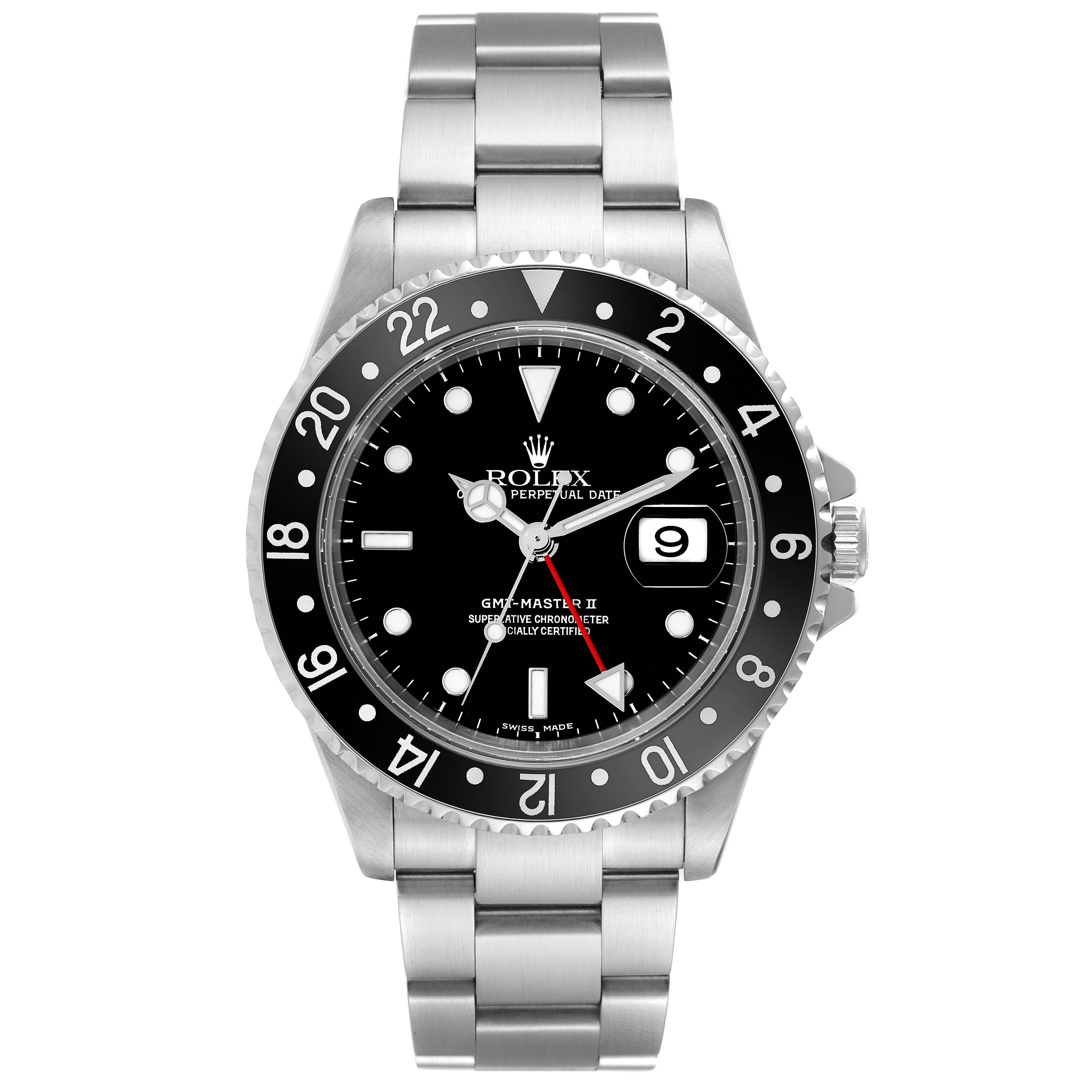 Rolex GMT Master II Black Bezel Dial Steel Mens Watch 16710. Officially certified chronometer automatic self-winding movement. Stainless steel case 40 mm in diameter. Rolex logo on a crown. Bidirectional rotating bezel with a special 24-hour black